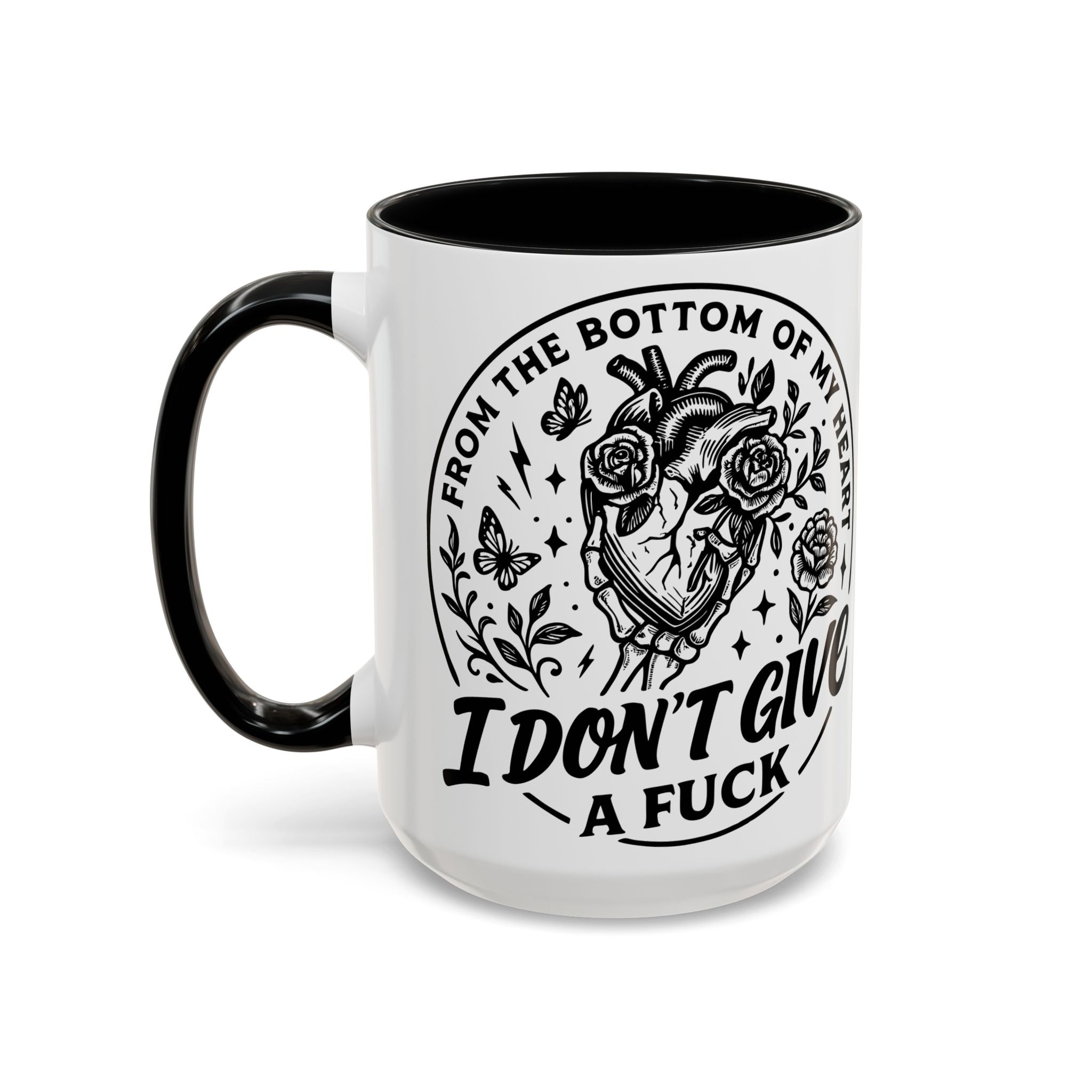 "From Bottom of My Heart, I Don't Give a F*ck" Floral Skull Design for Coffee Lovers-Black Accent Coffee Mug -