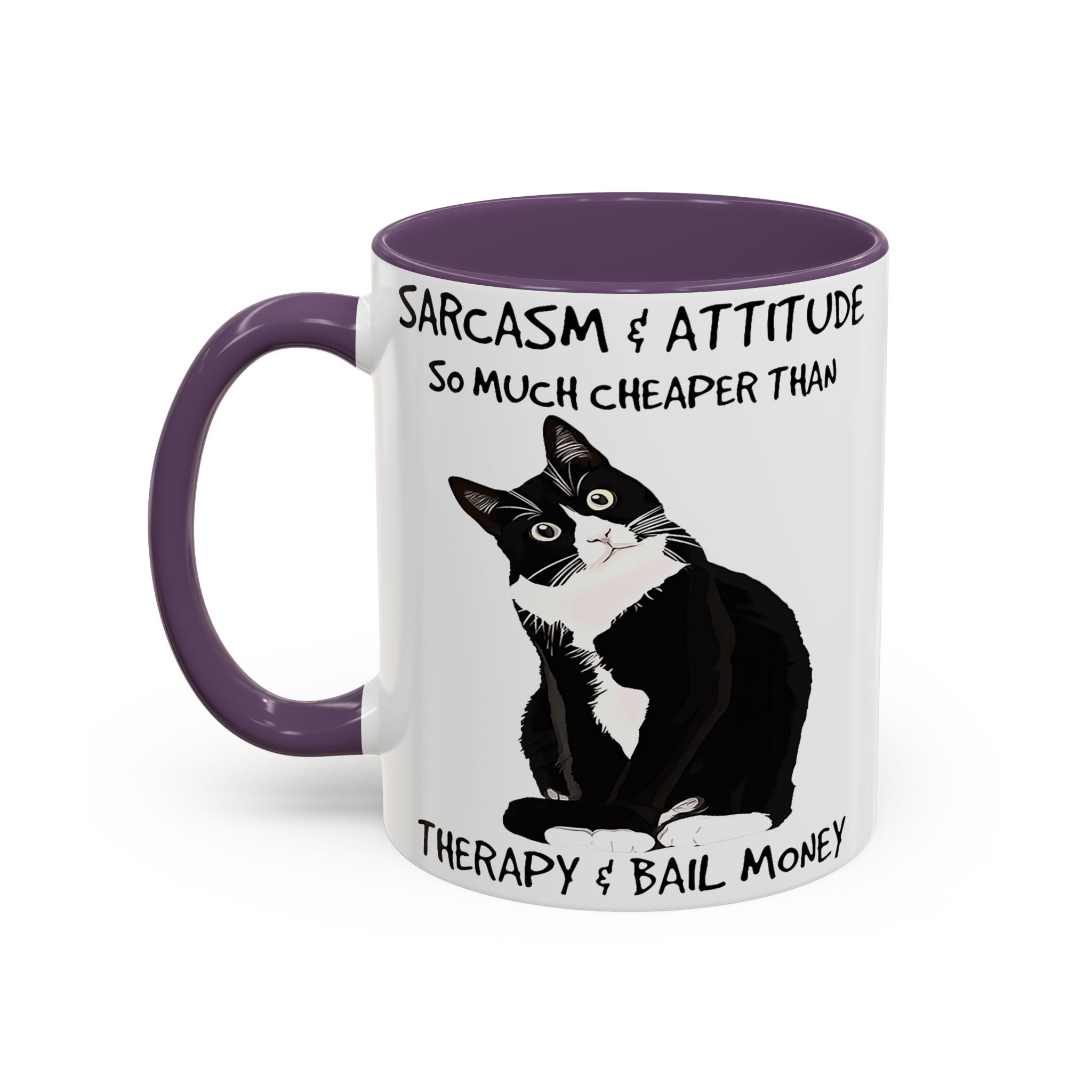 'Sarcasm & Attitude is Cheaper than Therapy & Bail Money ' Black Cat Illustration Accent Coffee Mug