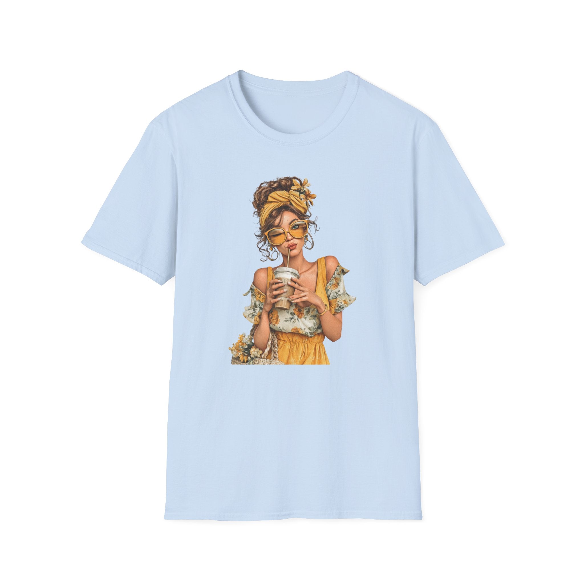 Boho Coffee Girl with Stylish Sun headwrap Graphic Tee