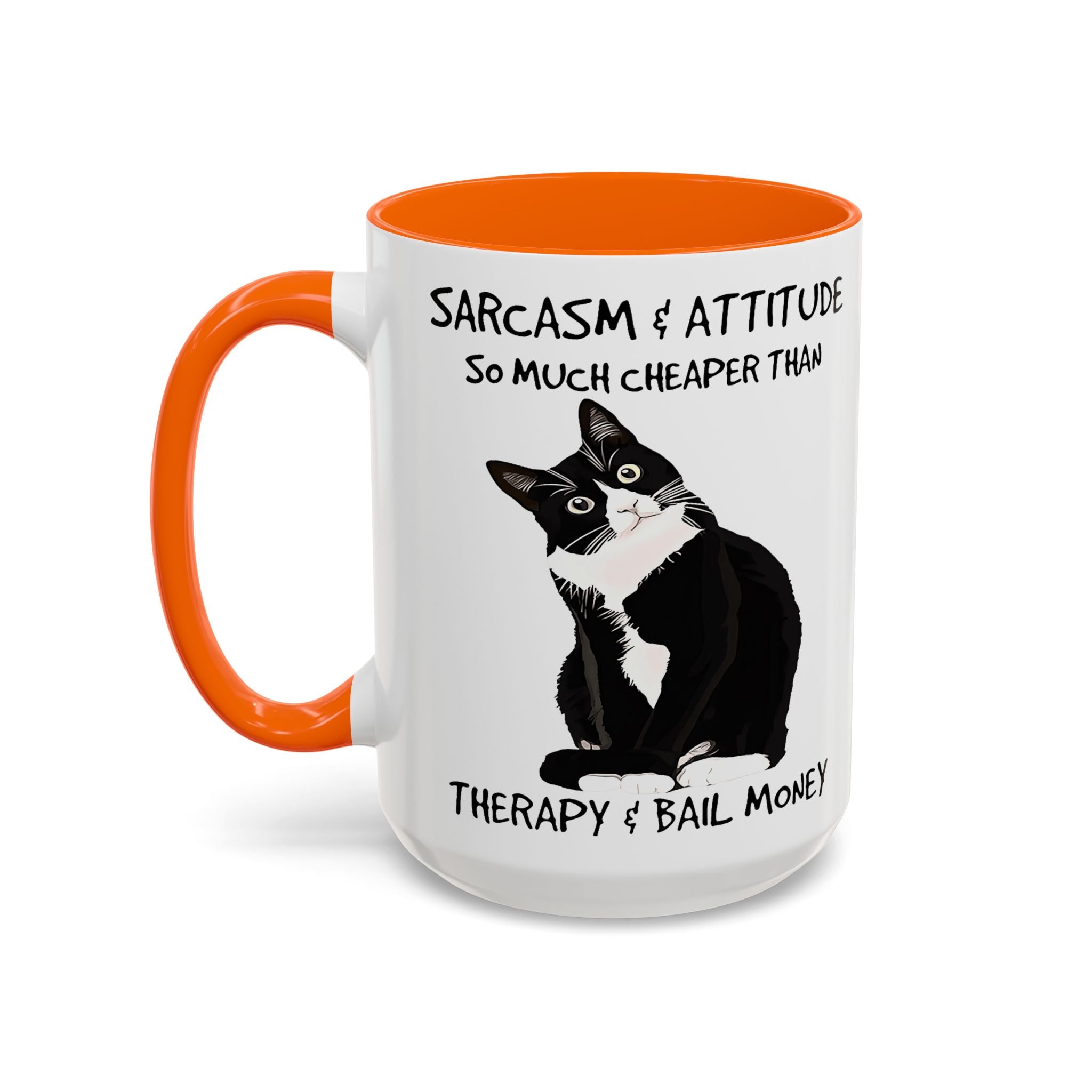 'Sarcasm & Attitude is Cheaper than Therapy & Bail Money ' Black Cat Illustration Accent Coffee Mug