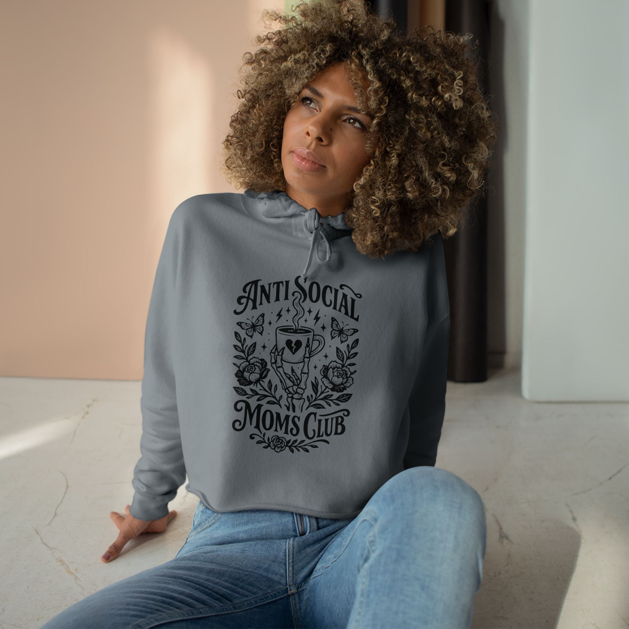 Anti Social Moms Club Crop Hoodie — Floral Coffee Graphic Cropped Hoodie for Introverted Moms