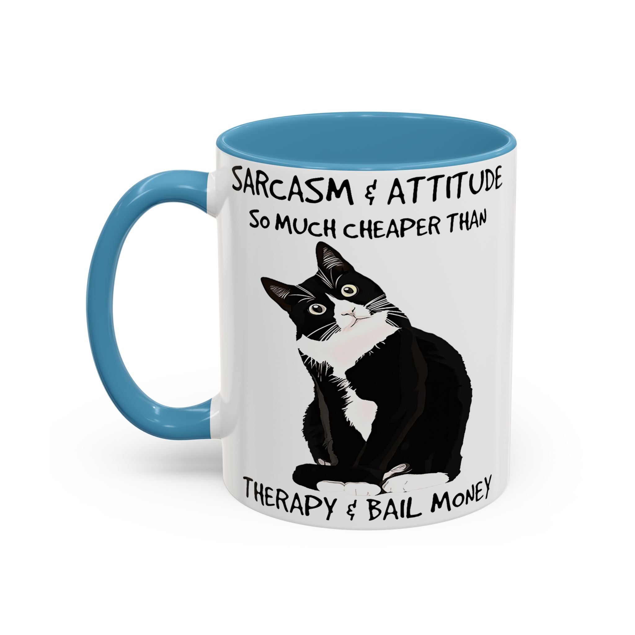 'Sarcasm & Attitude is Cheaper than Therapy & Bail Money ' Black Cat Illustration Accent Coffee Mug