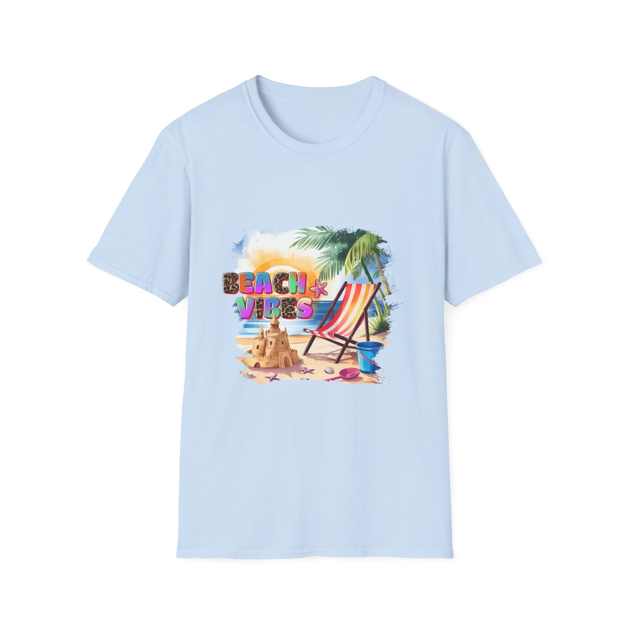 Beach Vibes Colorful Tropical Chair & Sandcastle Design T-Shirt