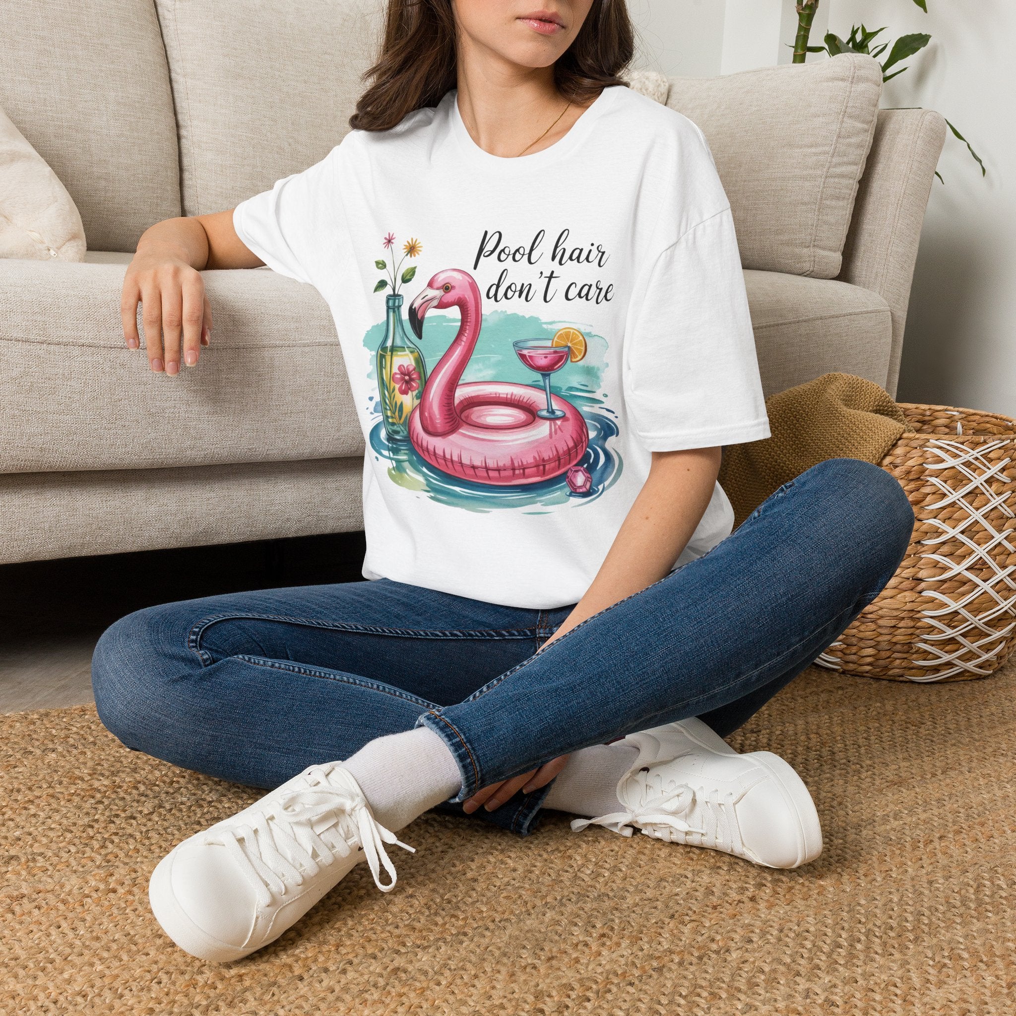 "Pool Hair Don't Care" Flamingo Pool Float Summer Tee