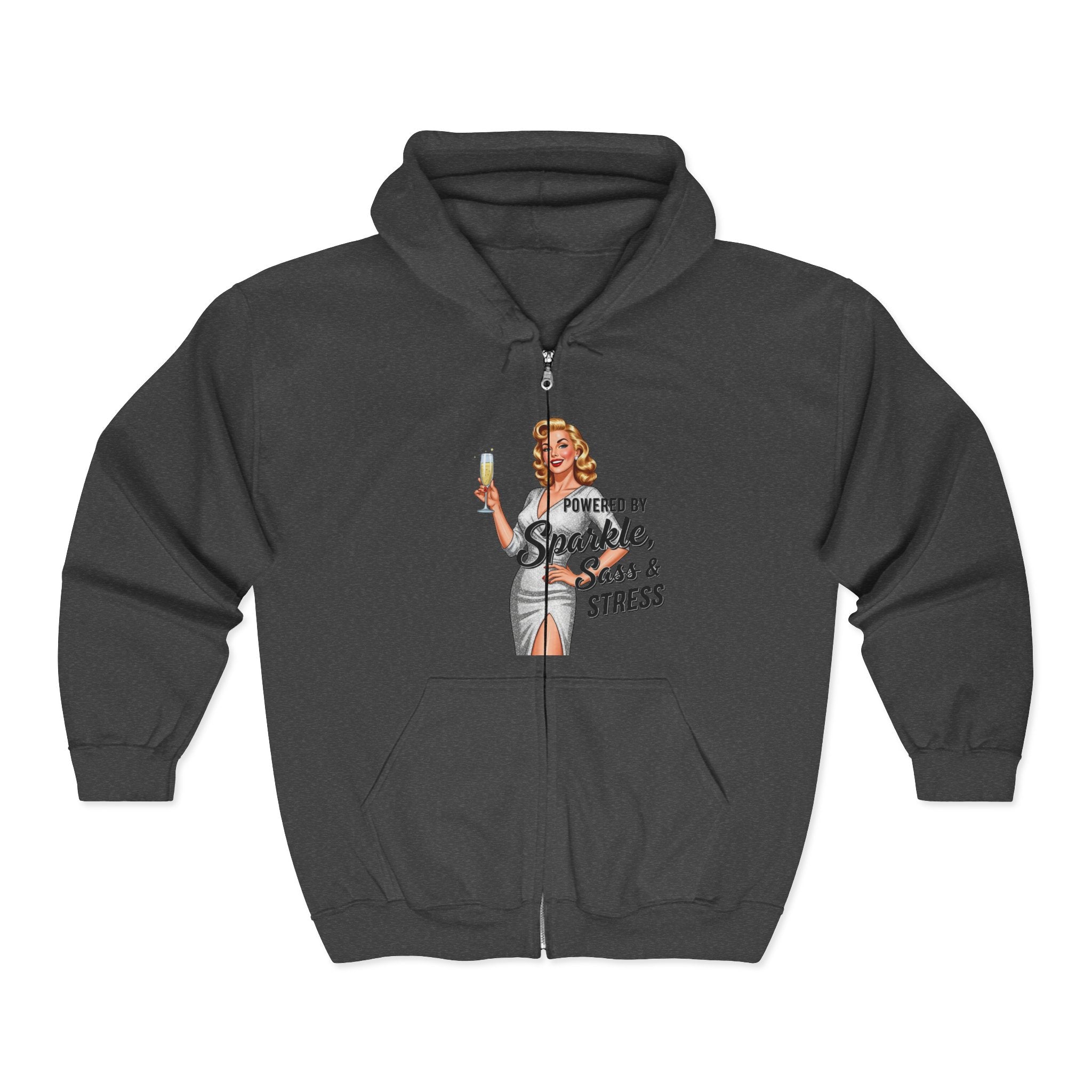 'Powered by Sparkle, Sass & Stress' Vintage Pinup-Zip Hoodie