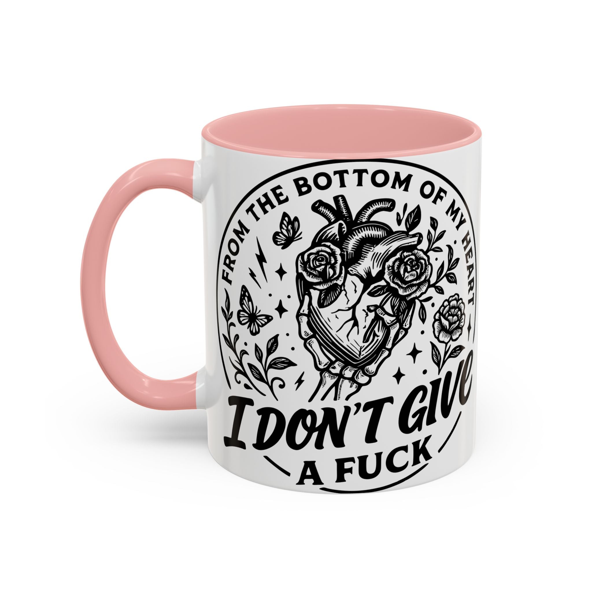 "From Bottom of My Heart, I Don't Give a F*ck" Floral Skull Design for Coffee Lovers-Black Accent Coffee Mug -