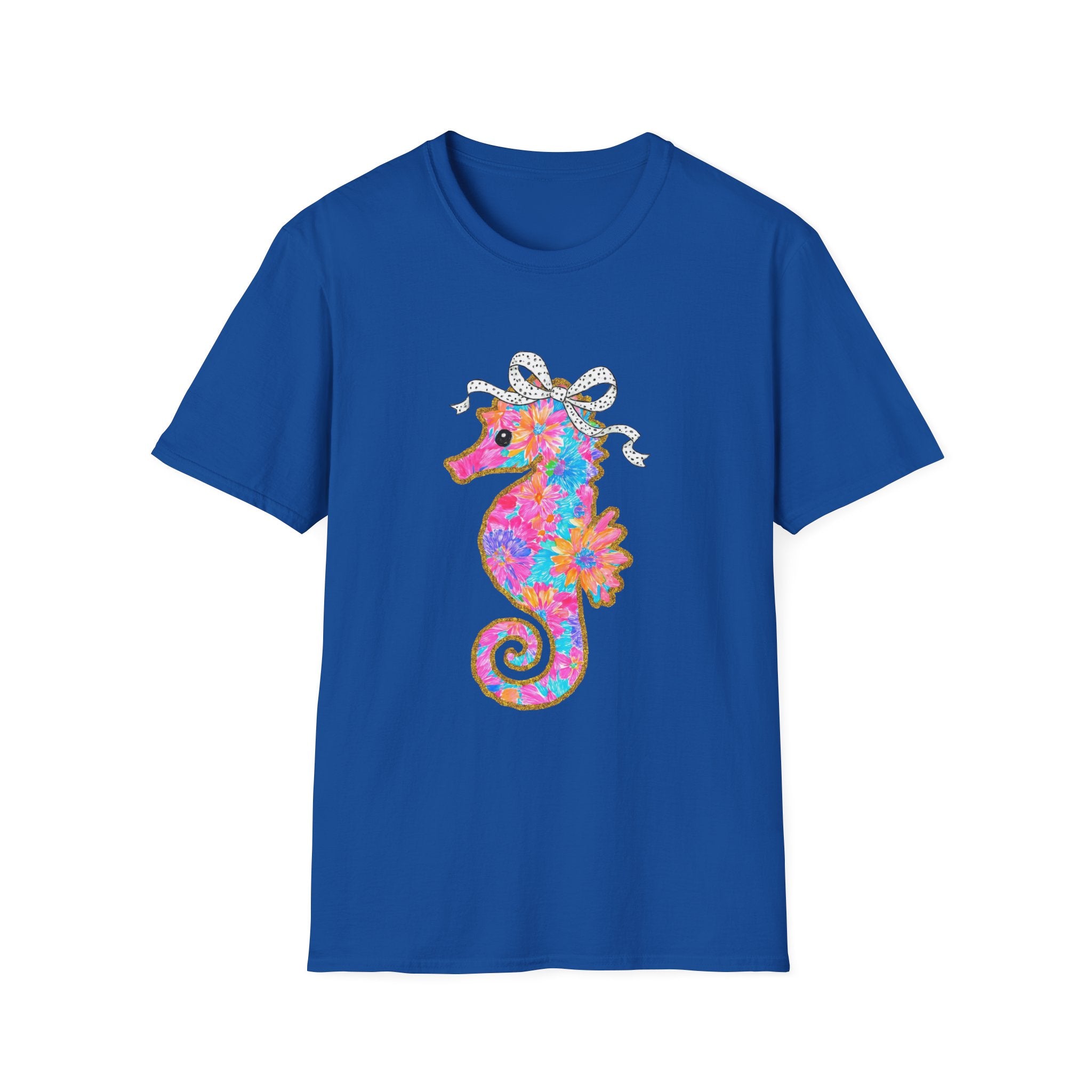 Floral and Colorful Pink Sea Horse with Ribbon Bow Tee