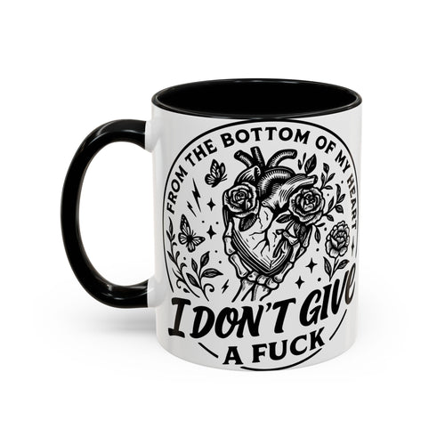 "From Bottom of My Heart, I Don't Give a F*ck" Floral Skull Design for Coffee Lovers-Black Accent Coffee Mug -