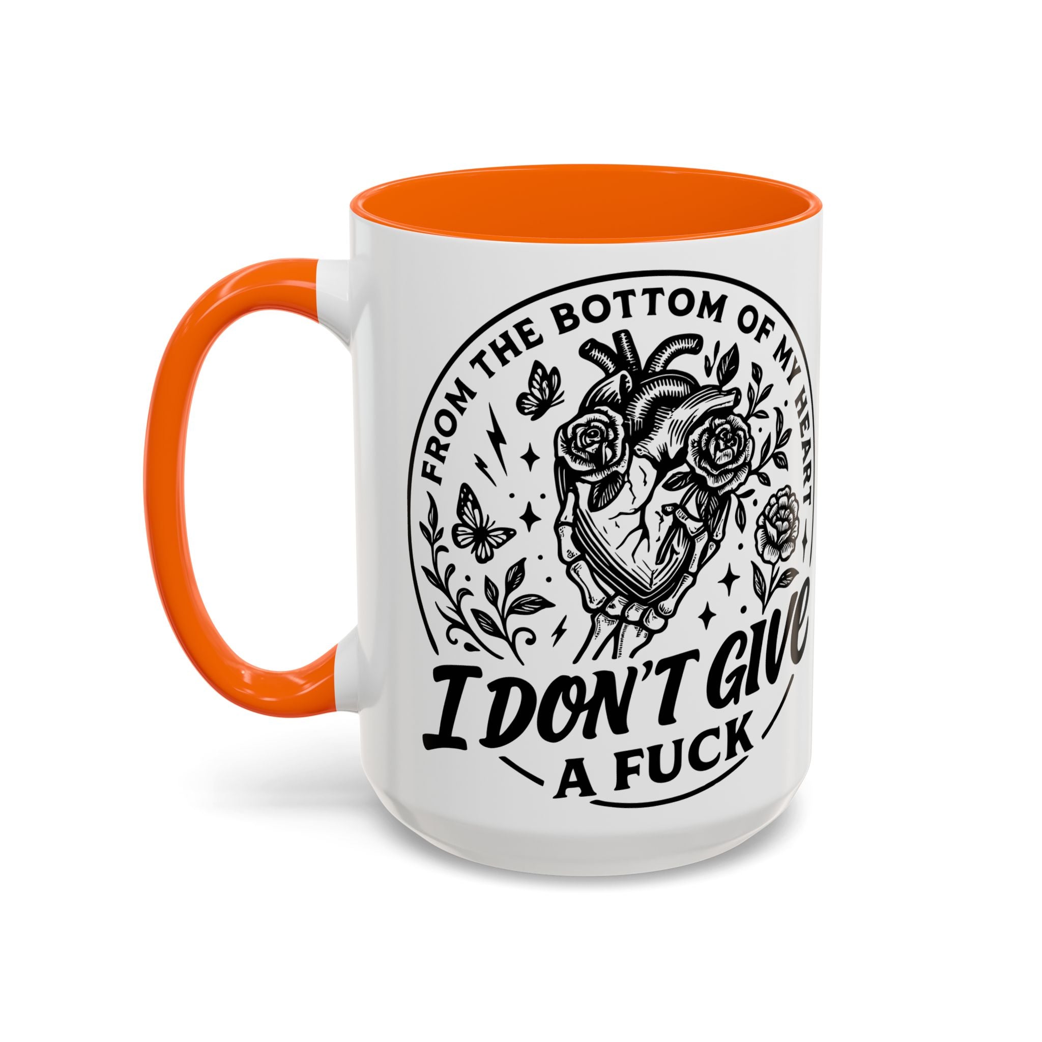 "From Bottom of My Heart, I Don't Give a F*ck" Floral Skull Design for Coffee Lovers-Black Accent Coffee Mug -