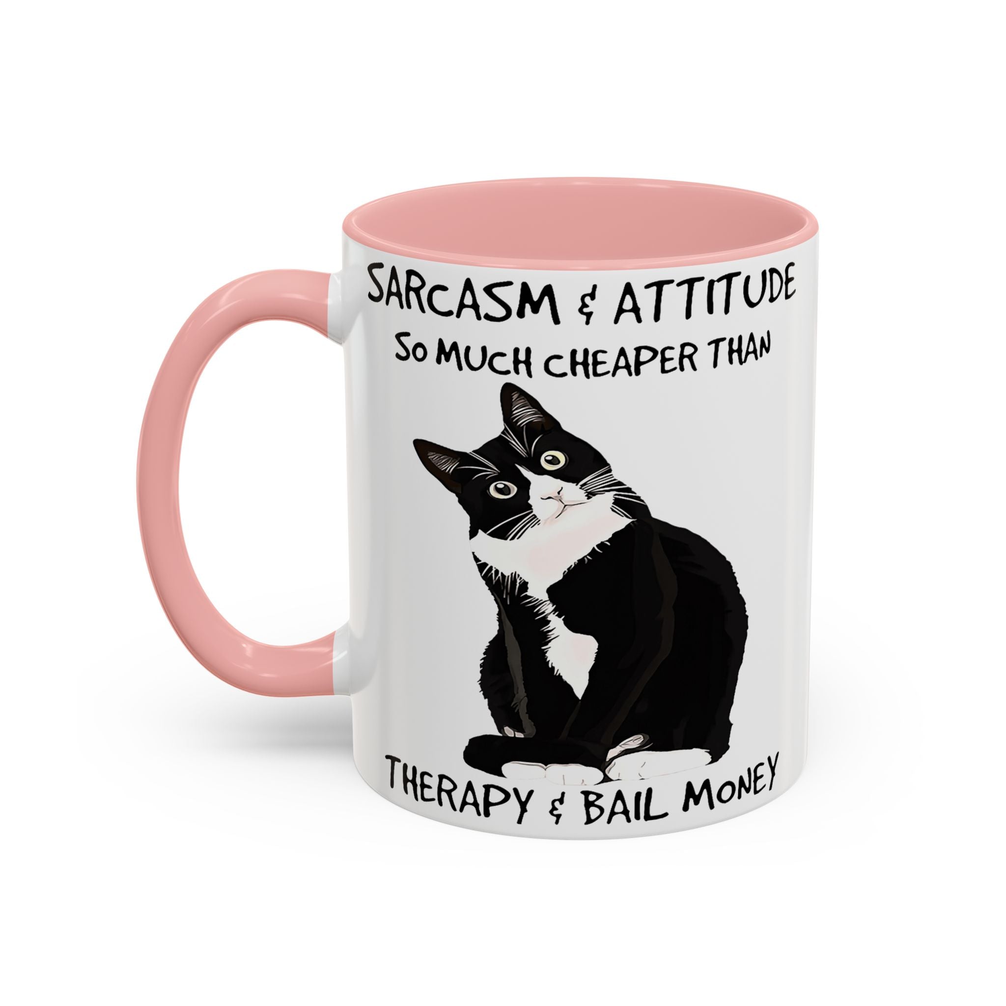 'Sarcasm & Attitude is Cheaper than Therapy & Bail Money ' Black Cat Illustration Accent Coffee Mug