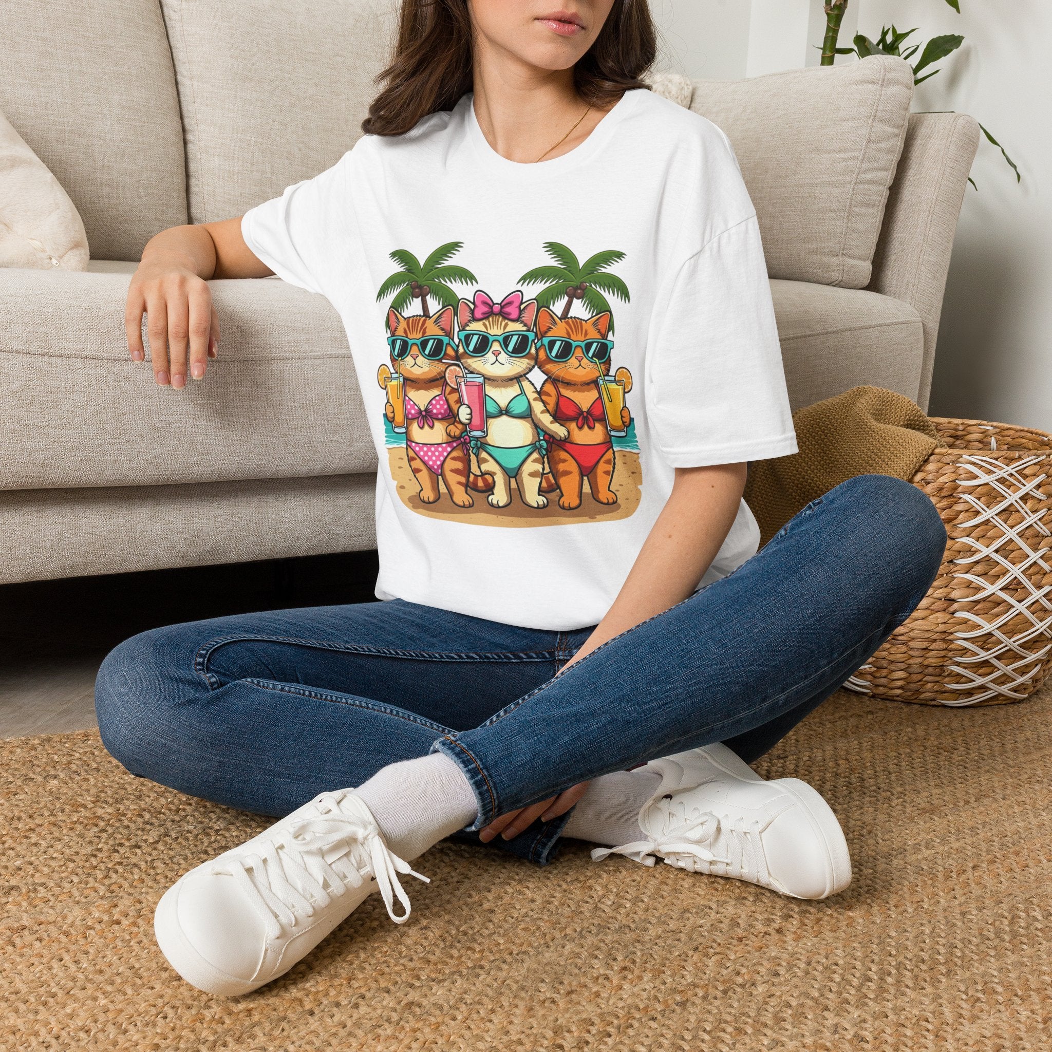 Cute Summer Cat Beach Trio in Sunglasses Graphic Tee