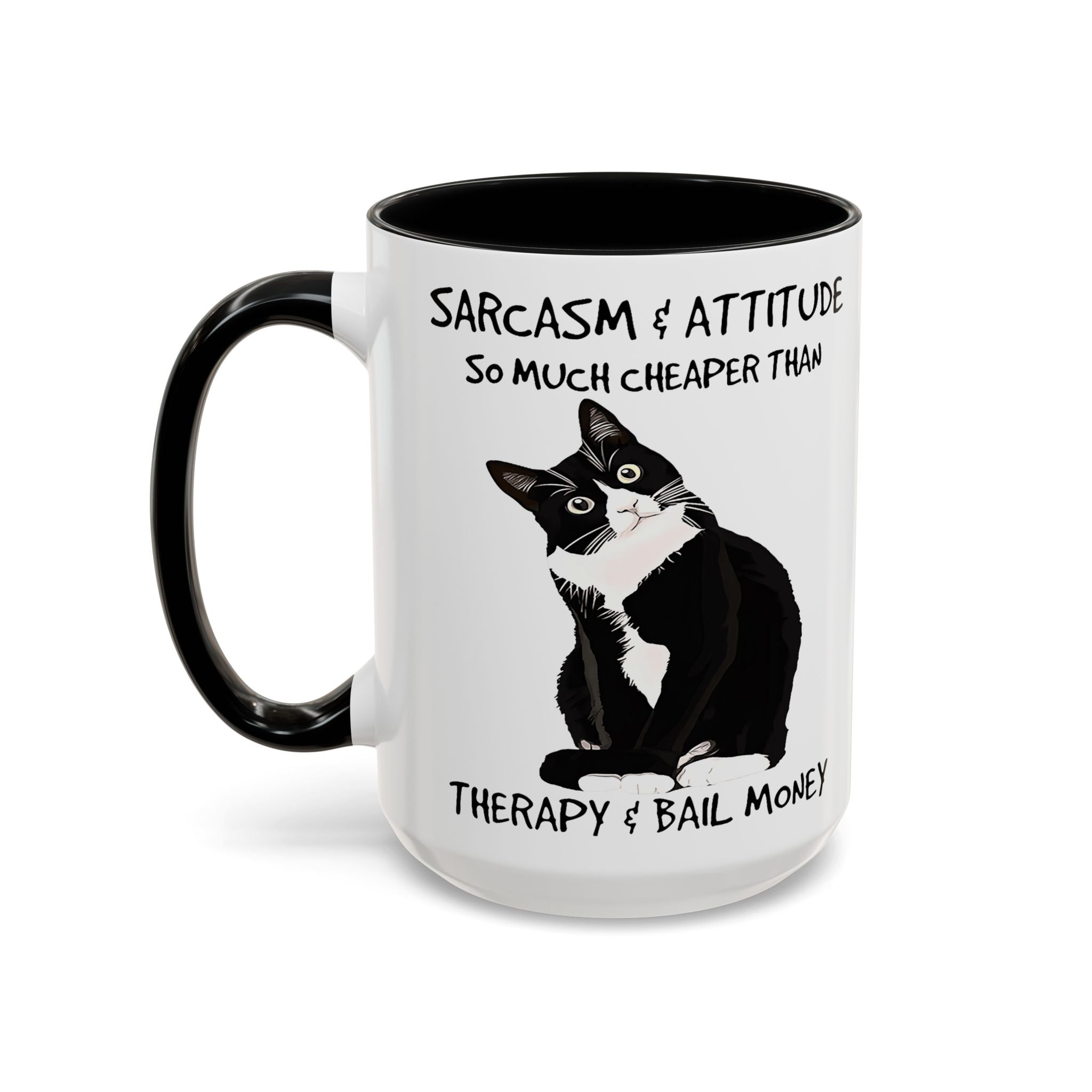 'Sarcasm & Attitude is Cheaper than Therapy & Bail Money ' Black Cat Illustration Accent Coffee Mug