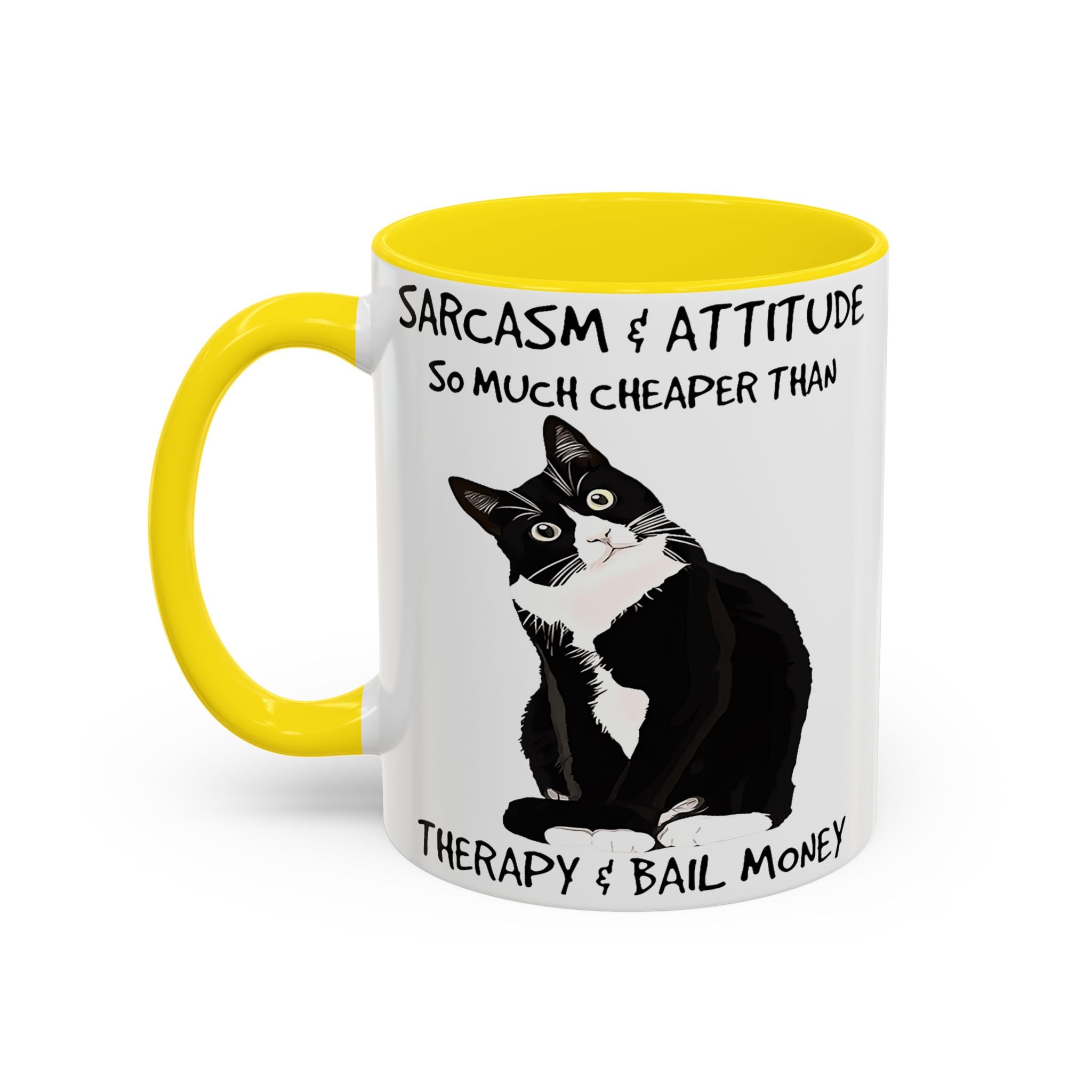 'Sarcasm & Attitude is Cheaper than Therapy & Bail Money ' Black Cat Illustration Accent Coffee Mug