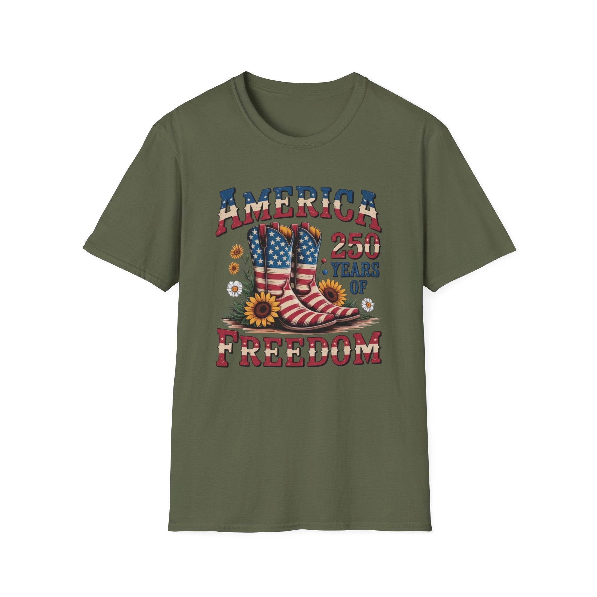 Patriotic Cowboy Boots & Sunflowers America 250 Years of Freedom T-Shirt