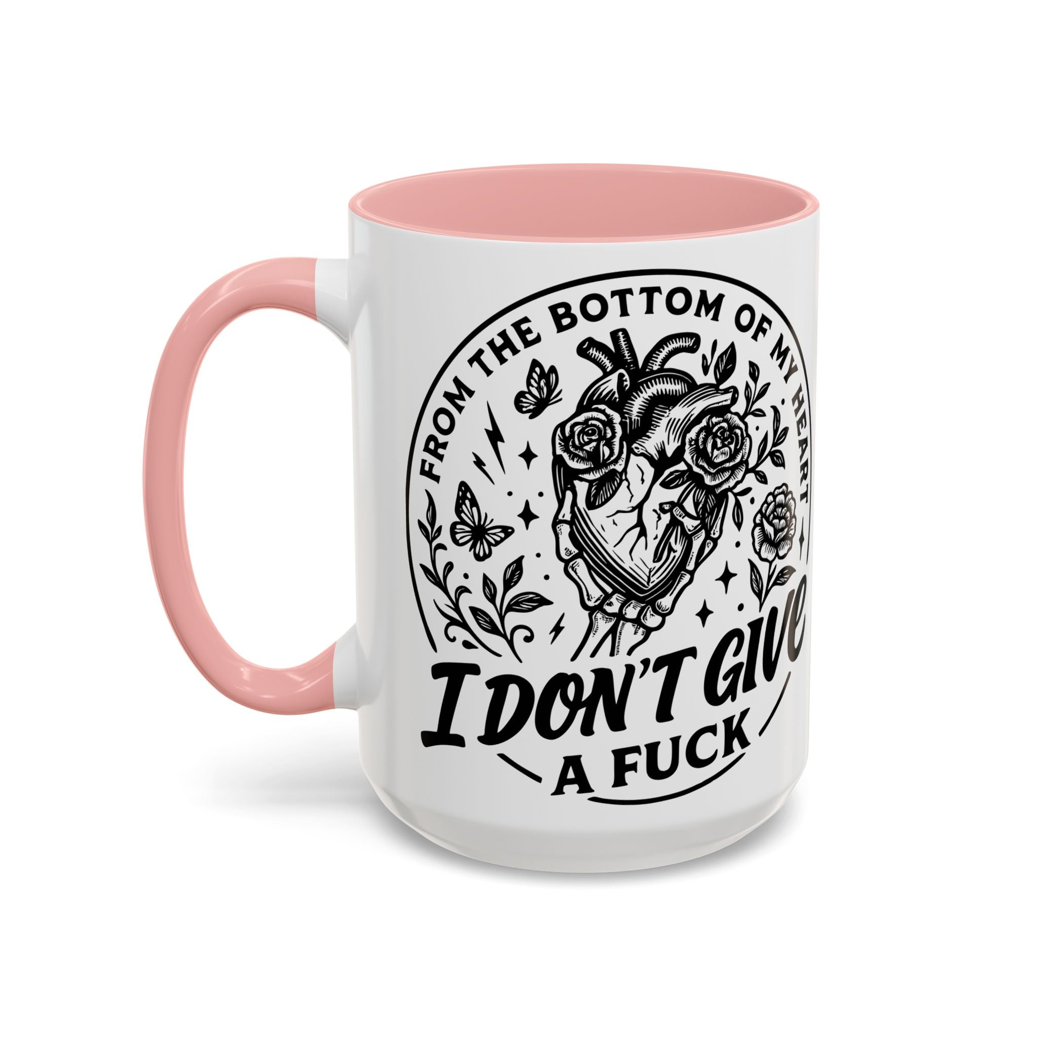 "From Bottom of My Heart, I Don't Give a F*ck" Floral Skull Design for Coffee Lovers-Black Accent Coffee Mug -