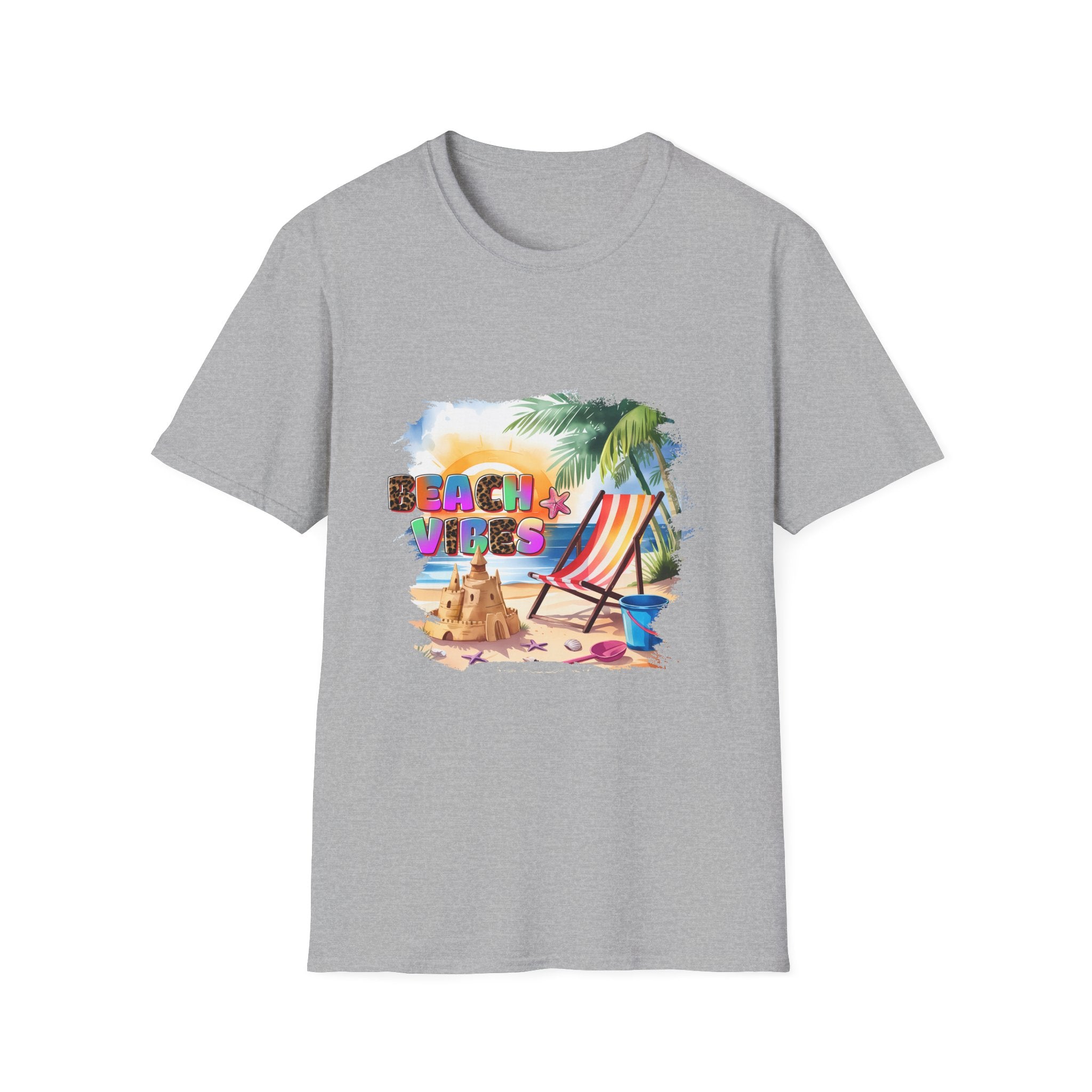 Beach Vibes Colorful Tropical Chair & Sandcastle Design T-Shirt