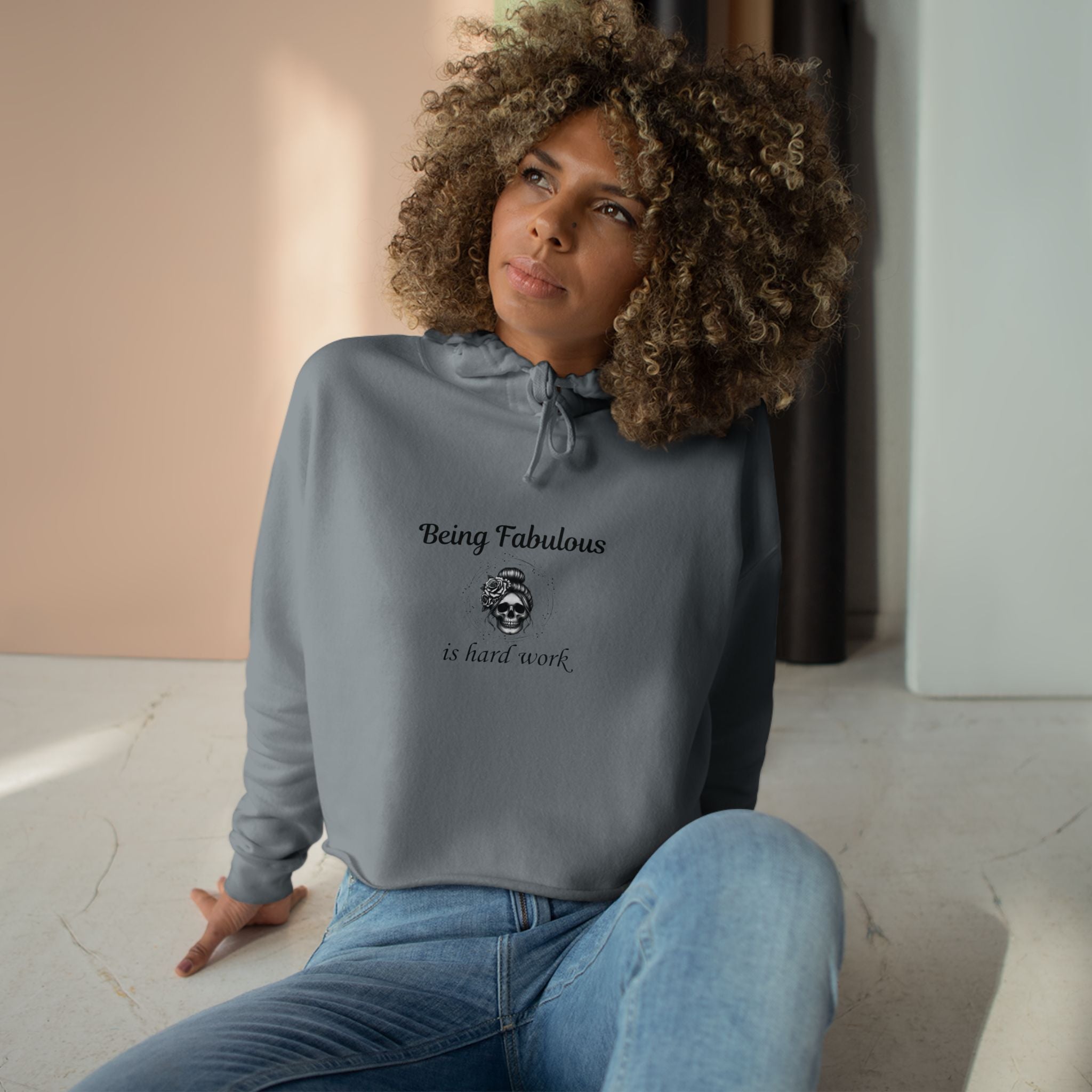 "Being Fabulous Is Hard Work" Skull Graphic-Cropped Hoodie
