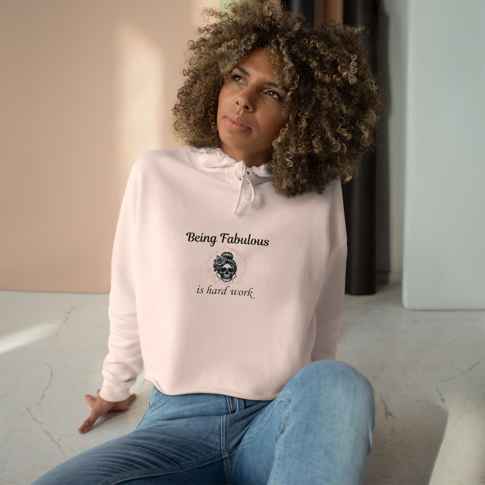 "Being Fabulous Is Hard Work" Skull Graphic-Cropped Hoodie