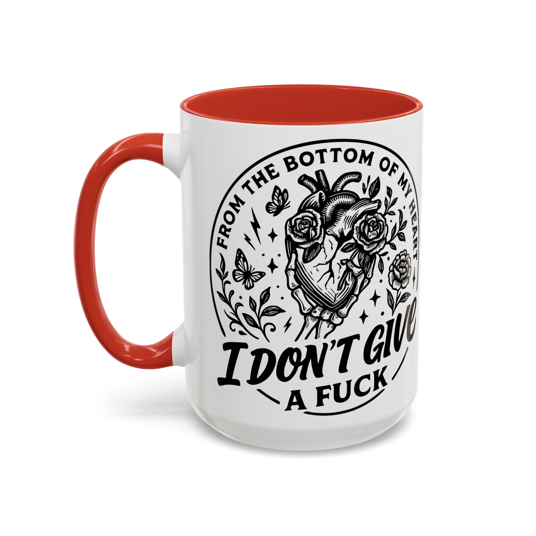 "From Bottom of My Heart, I Don't Give a F*ck" Floral Skull Design for Coffee Lovers-Black Accent Coffee Mug -