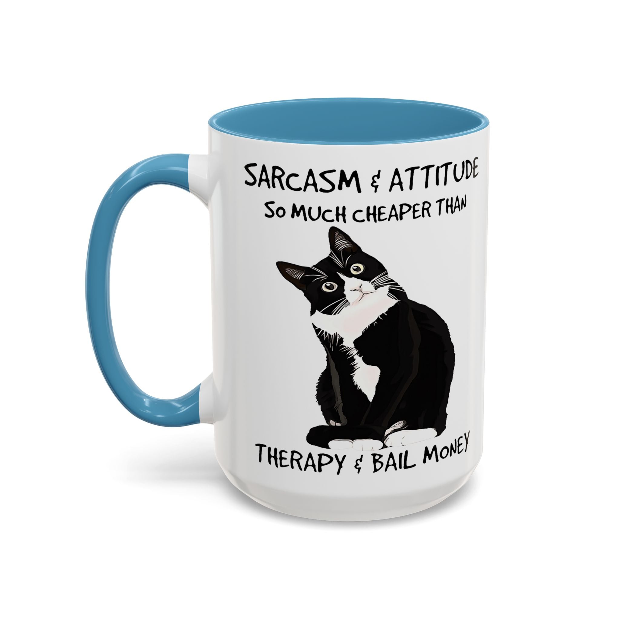 'Sarcasm & Attitude is Cheaper than Therapy & Bail Money ' Black Cat Illustration Accent Coffee Mug