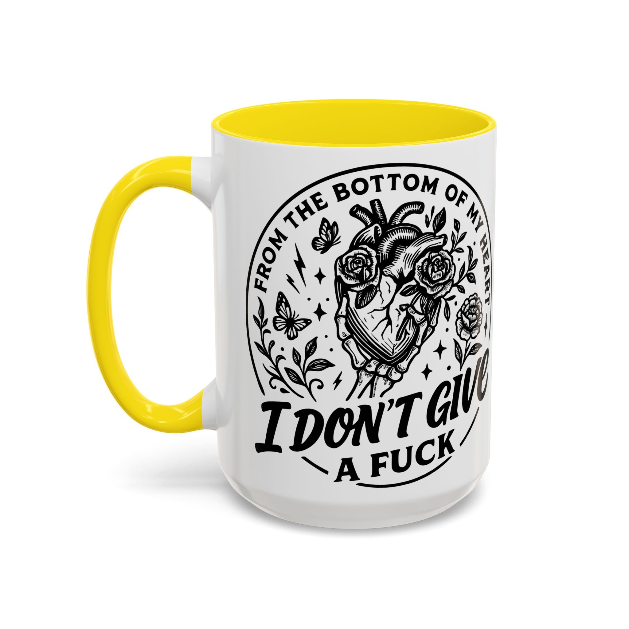 "From Bottom of My Heart, I Don't Give a F*ck" Floral Skull Design for Coffee Lovers-Black Accent Coffee Mug -