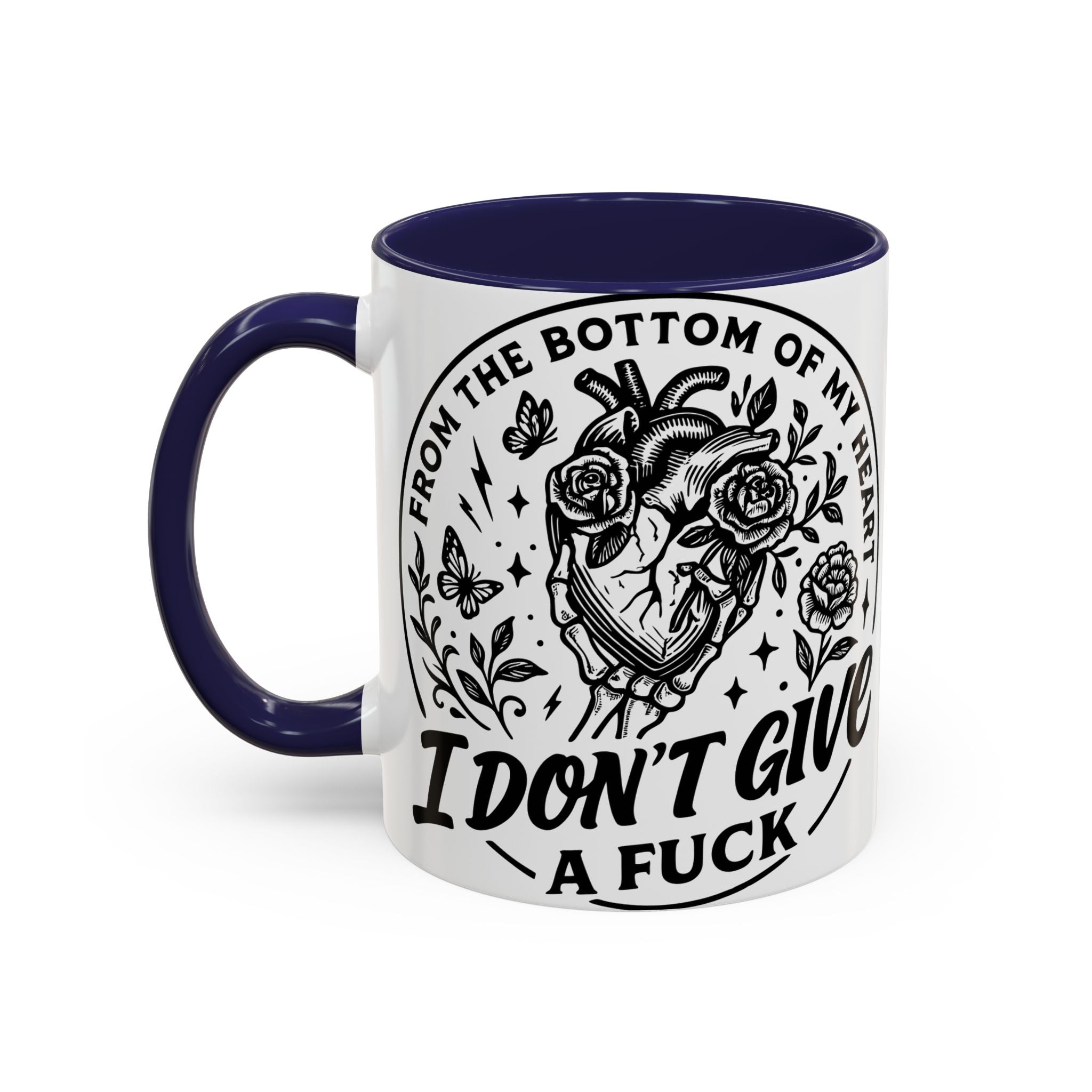 "From Bottom of My Heart, I Don't Give a F*ck" Floral Skull Design for Coffee Lovers-Black Accent Coffee Mug -