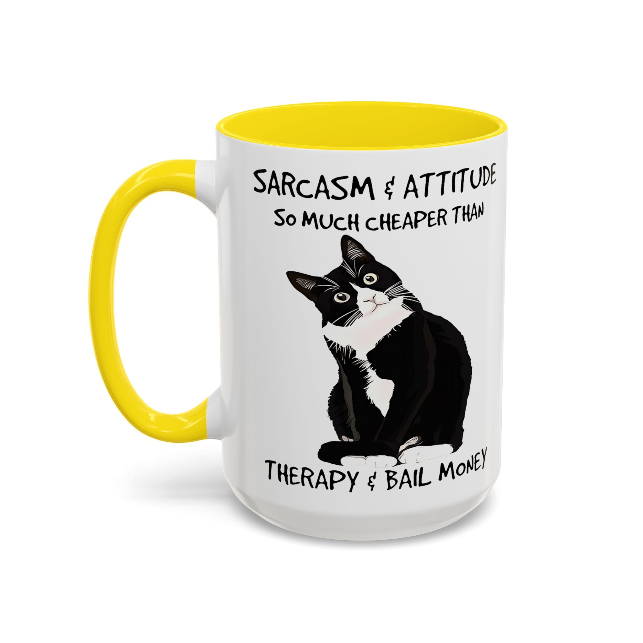 'Sarcasm & Attitude is Cheaper than Therapy & Bail Money ' Black Cat Illustration Accent Coffee Mug