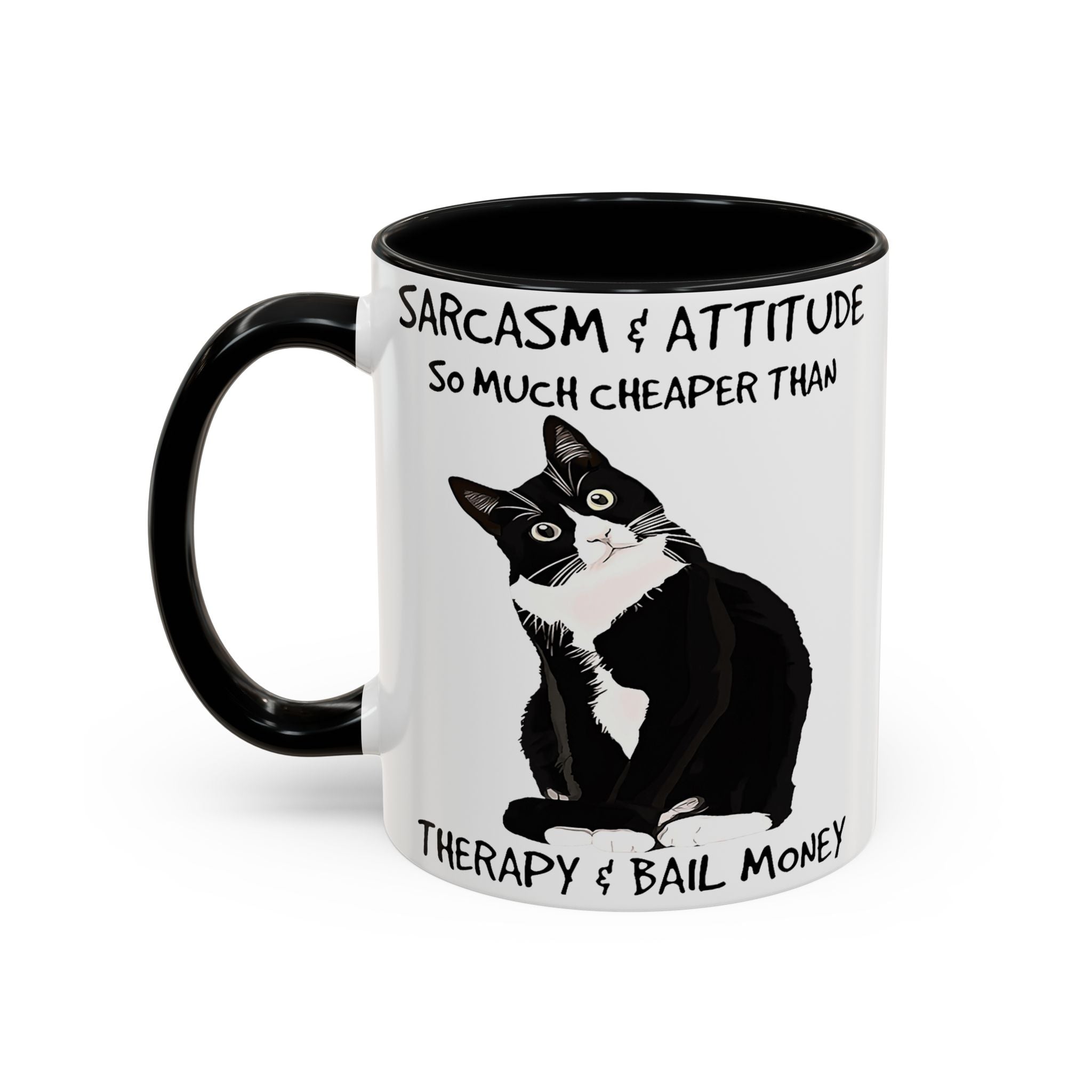 'Sarcasm & Attitude is Cheaper than Therapy & Bail Money ' Black Cat Illustration Accent Coffee Mug