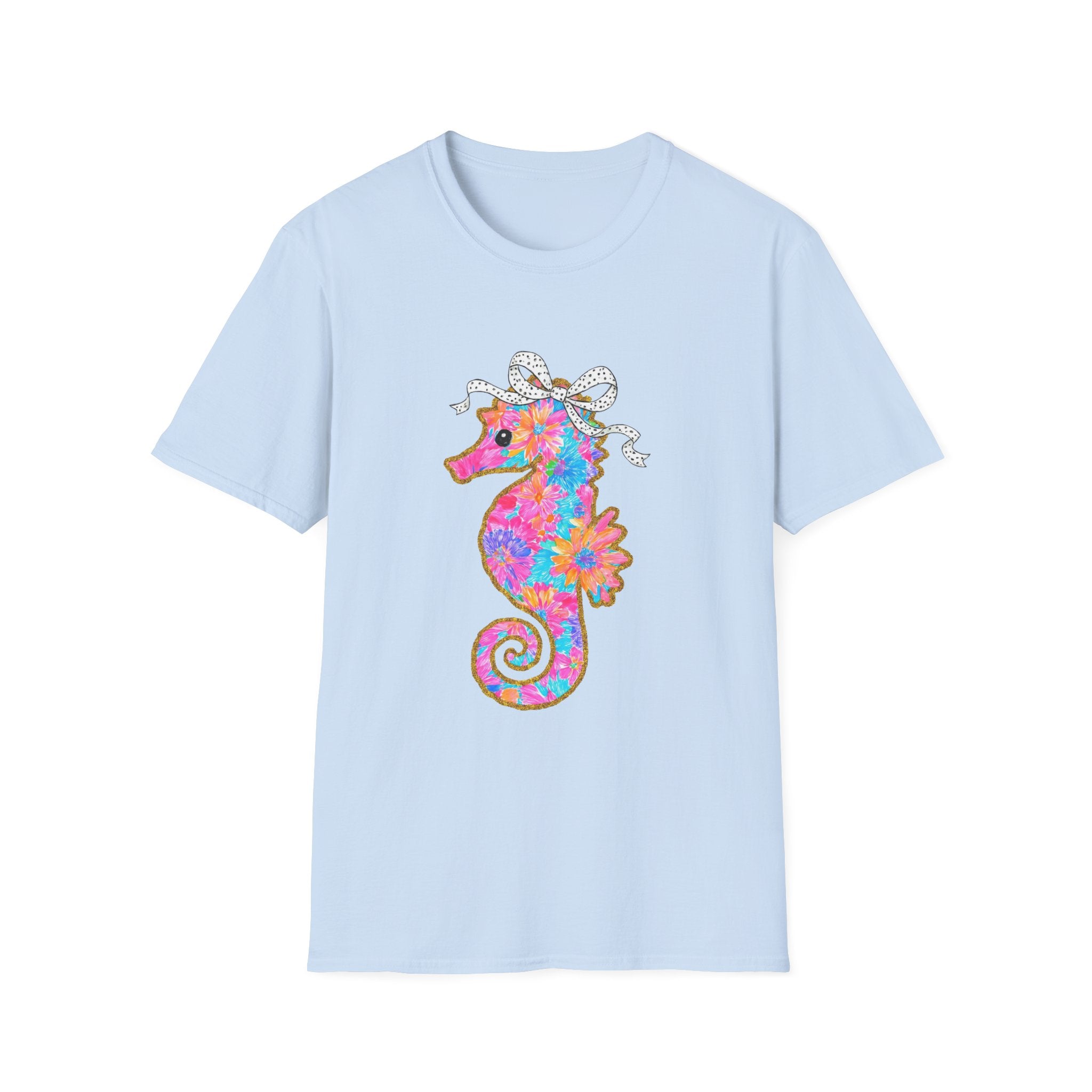 Floral and Colorful Pink Sea Horse with Ribbon Bow Tee