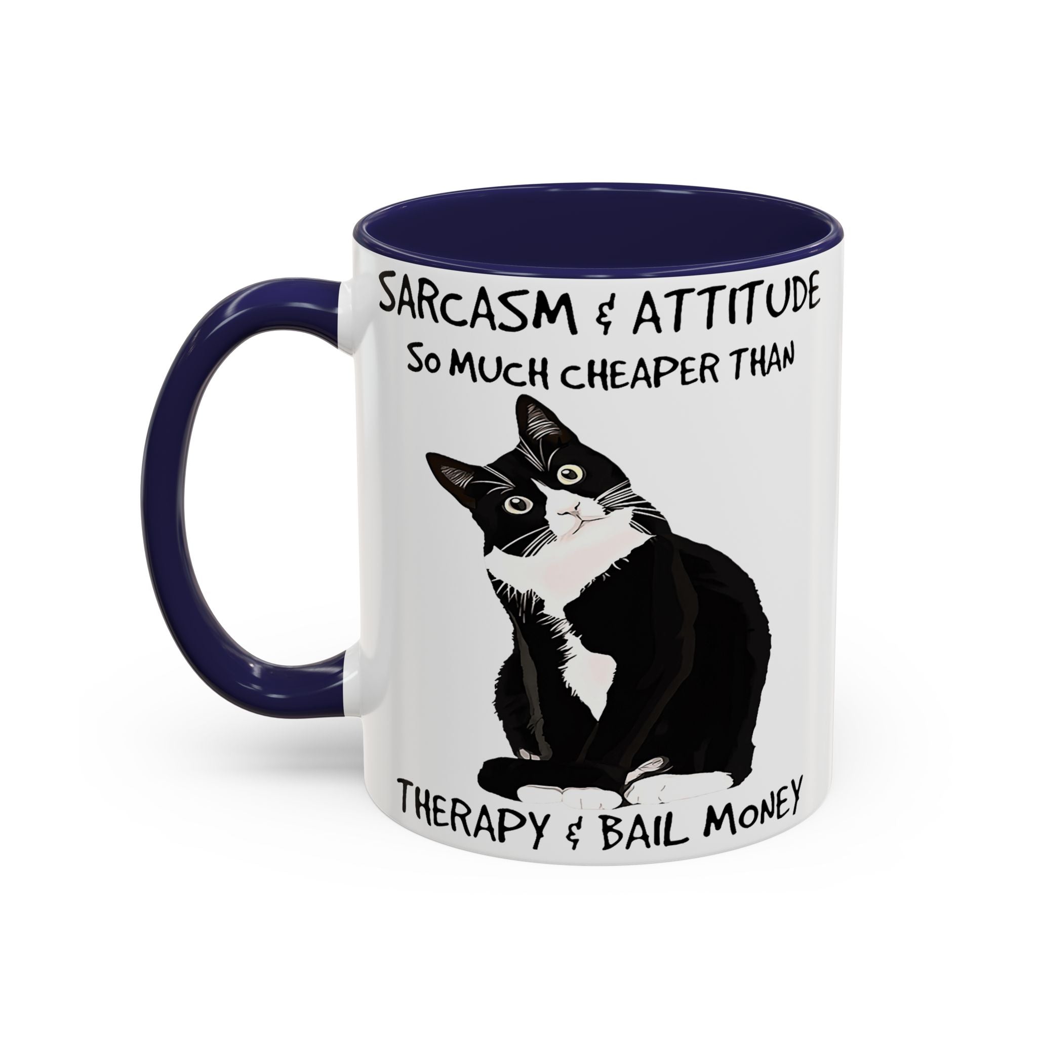 'Sarcasm & Attitude is Cheaper than Therapy & Bail Money ' Black Cat Illustration Accent Coffee Mug