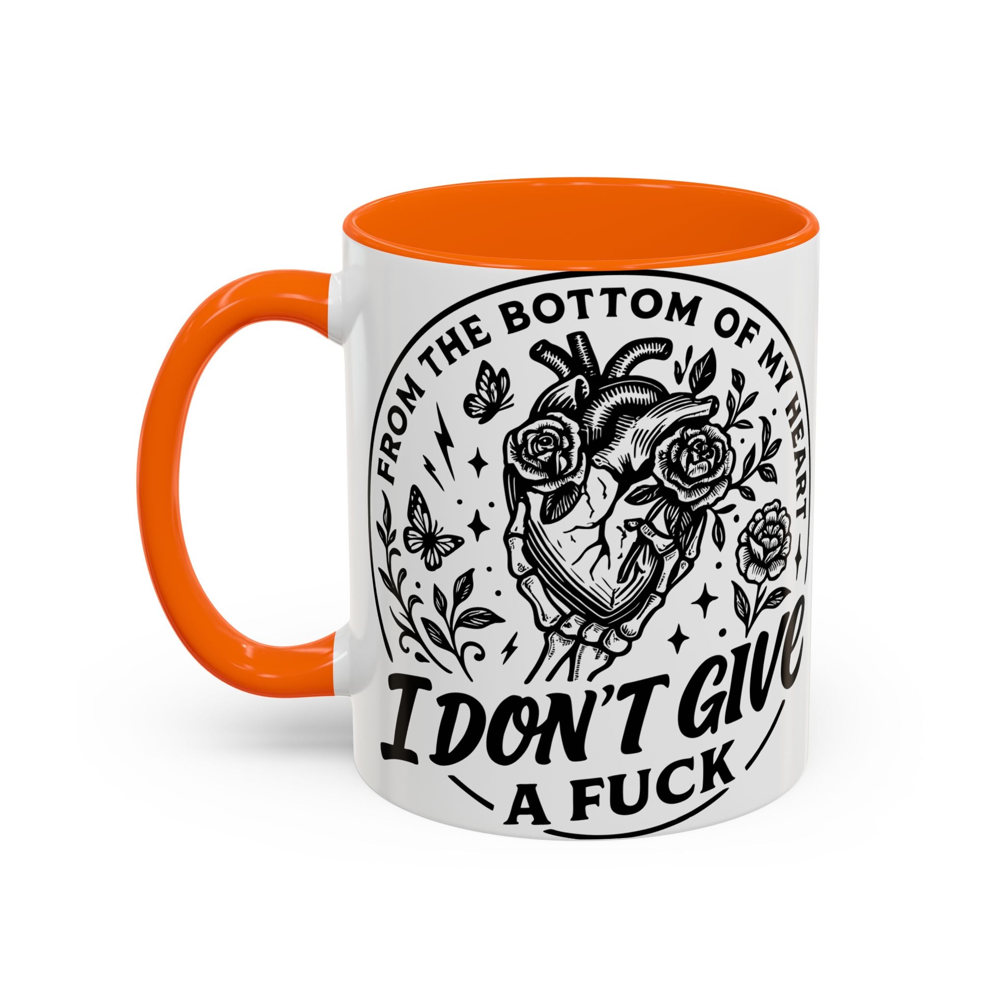 "From Bottom of My Heart, I Don't Give a F*ck" Floral Skull Design for Coffee Lovers-Black Accent Coffee Mug -