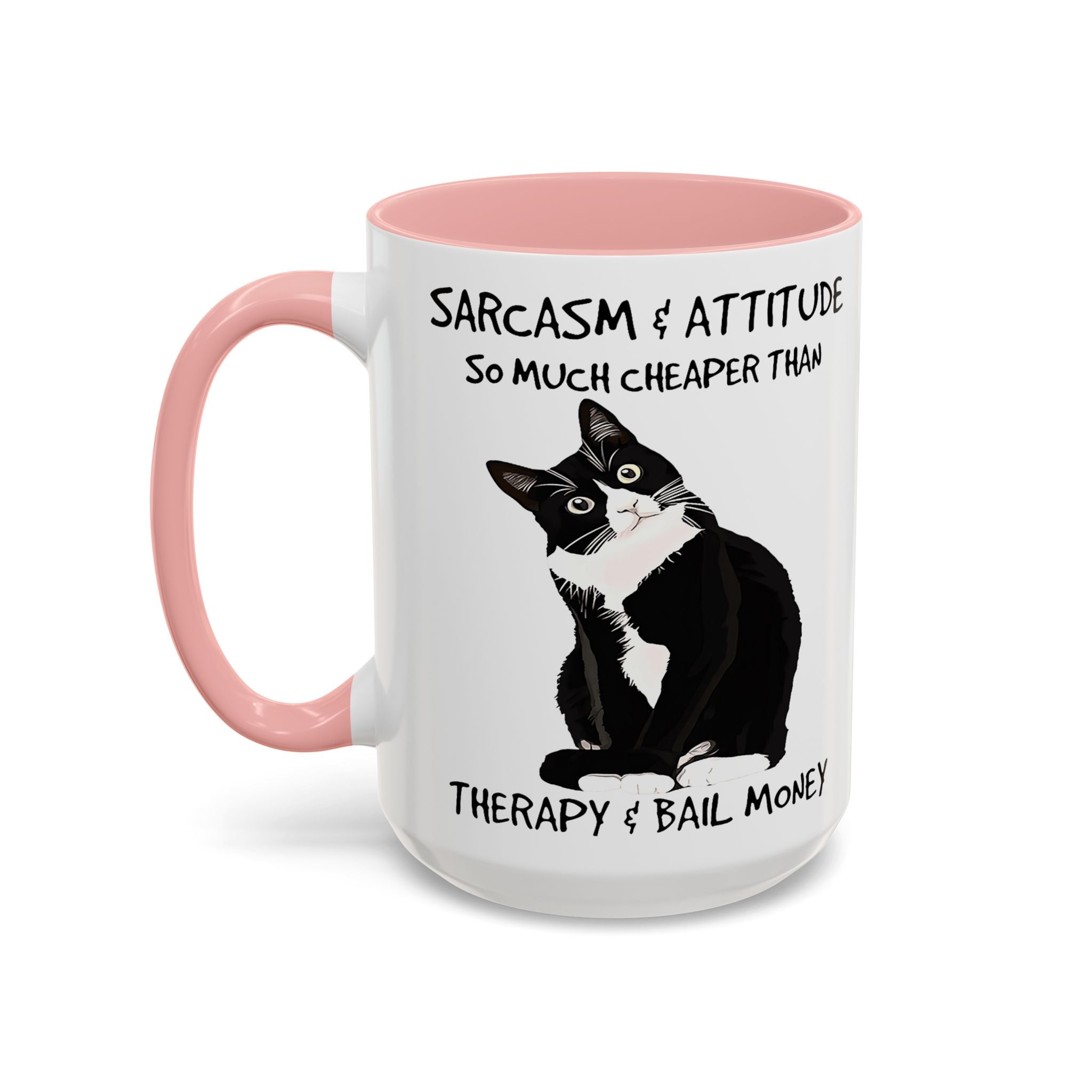 'Sarcasm & Attitude is Cheaper than Therapy & Bail Money ' Black Cat Illustration Accent Coffee Mug