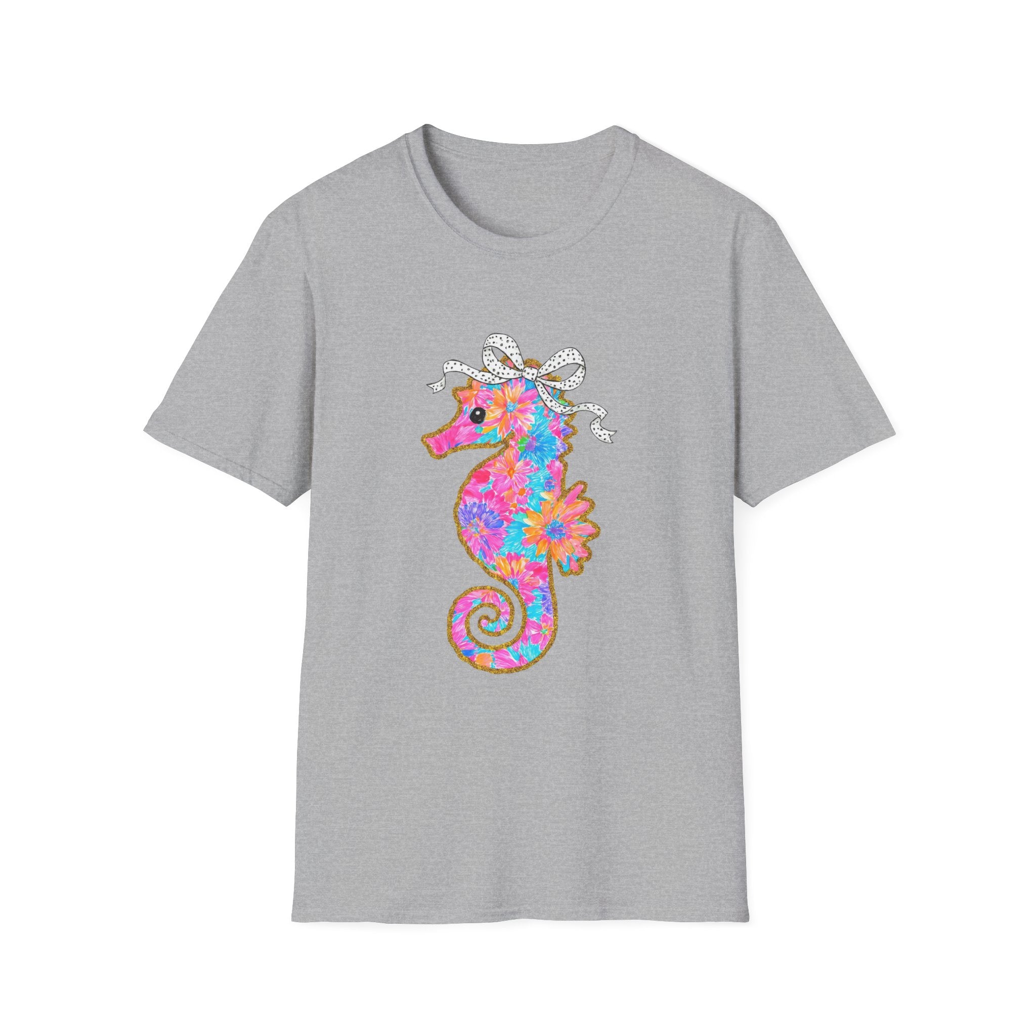 Floral and Colorful Pink Sea Horse with Ribbon Bow Tee