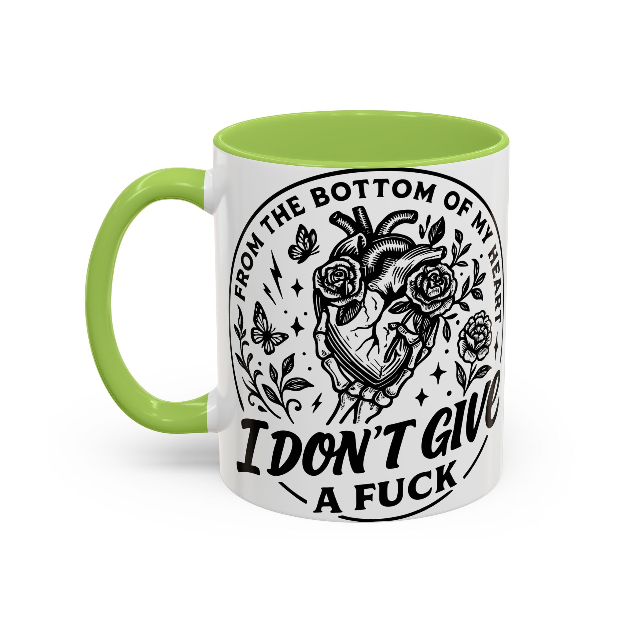 "From Bottom of My Heart, I Don't Give a F*ck" Floral Skull Design for Coffee Lovers-Black Accent Coffee Mug -