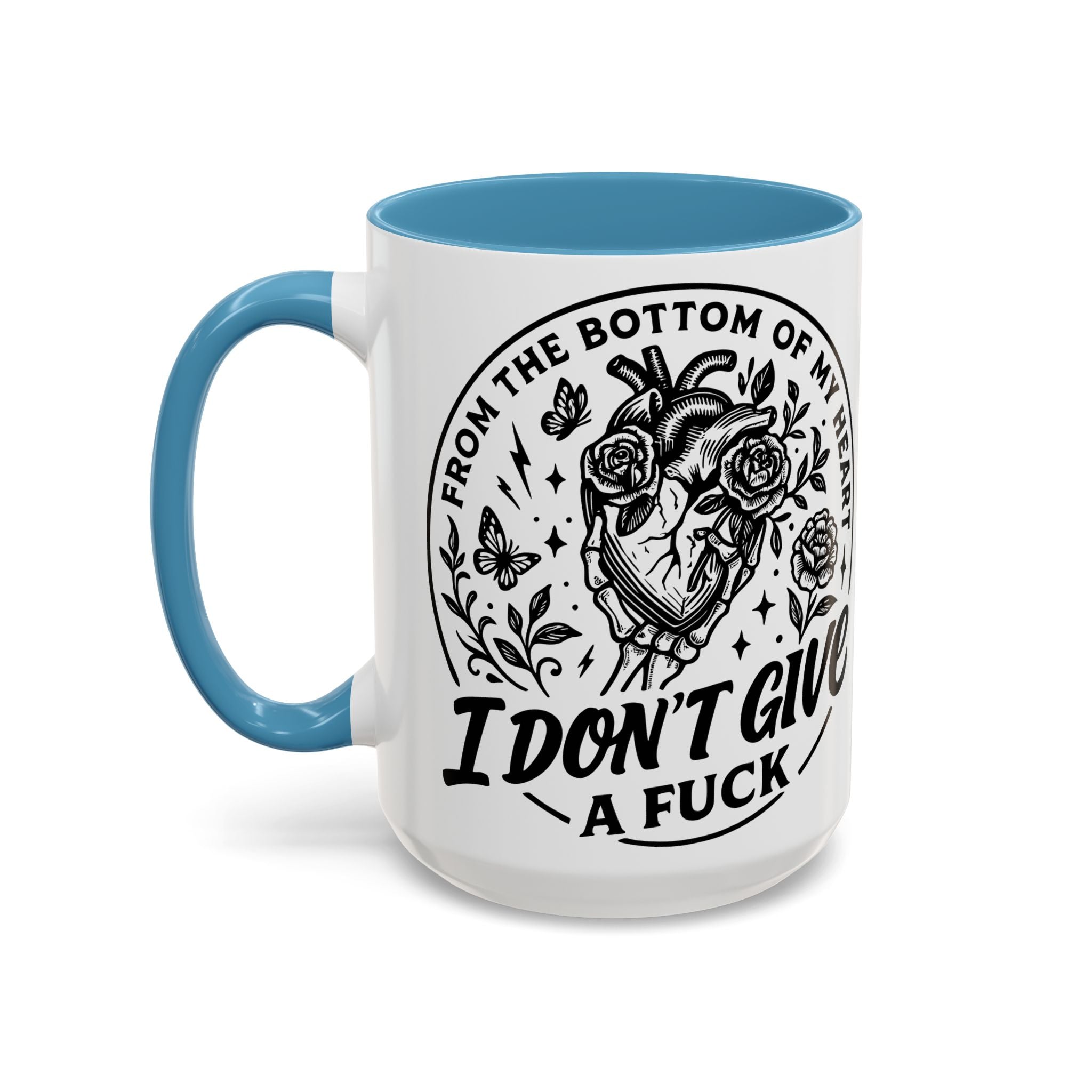 "From Bottom of My Heart, I Don't Give a F*ck" Floral Skull Design for Coffee Lovers-Black Accent Coffee Mug -