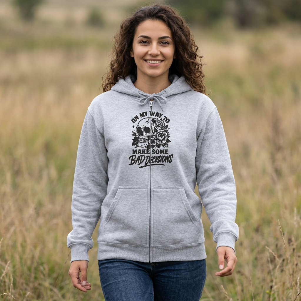 'On My Way to Make Some Bad Decisions' Graphic Zip Hoodie-Bad Decisions Skull