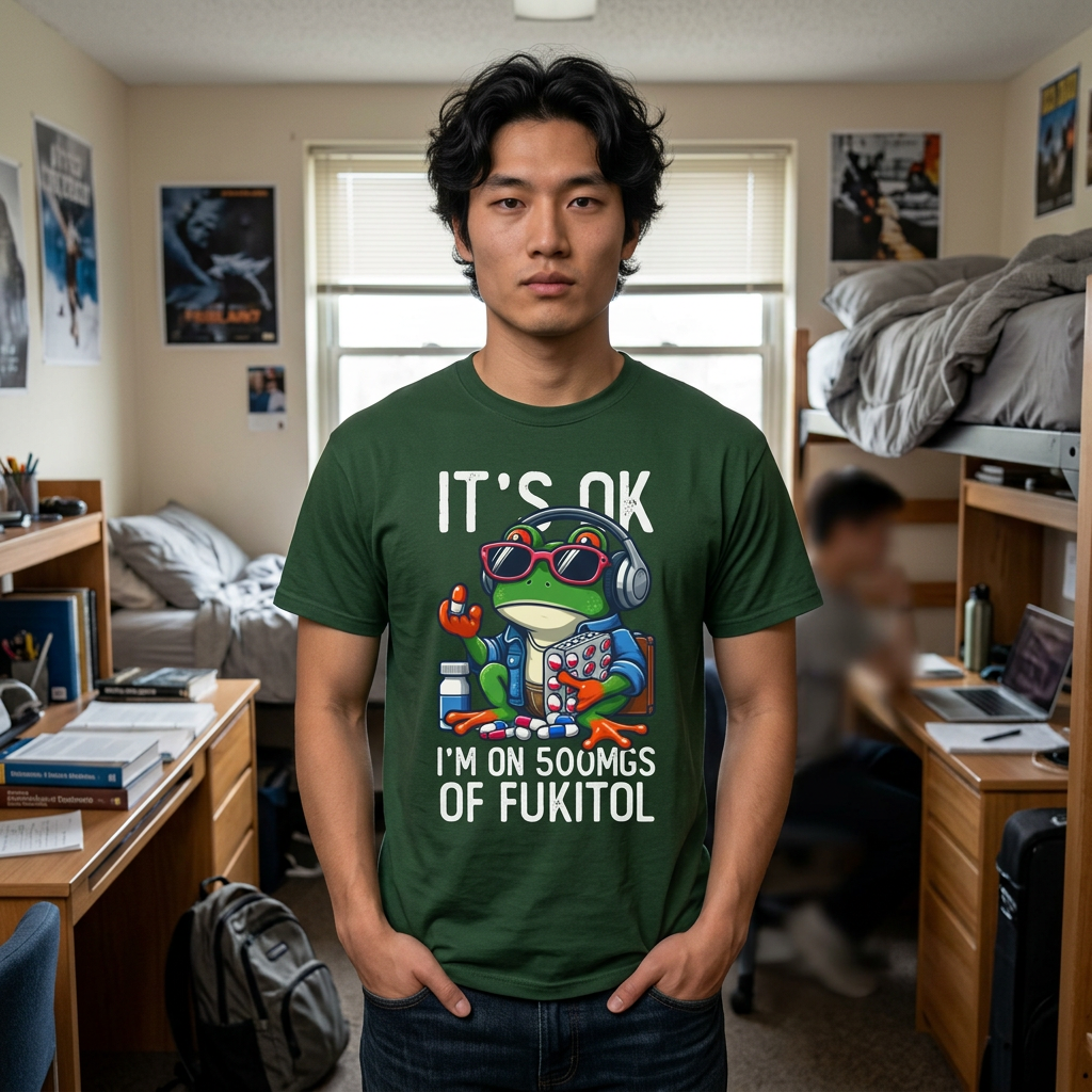It's Ok, I am on 500 mgs of Fukitol- Cool Frog with Headphones & Snacks Graphic T-Shirt