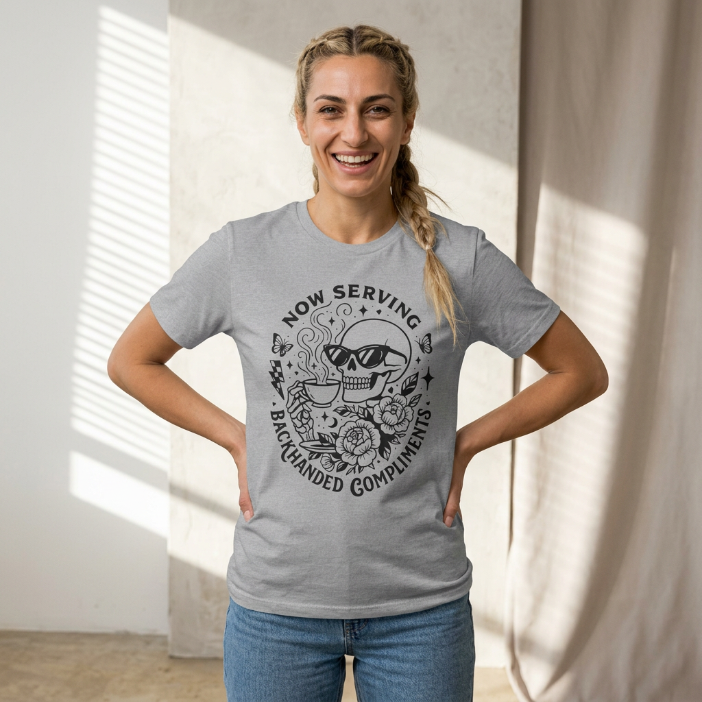 "Now Serving Backhanded Compliments" Skull & Roses Graphic Tee