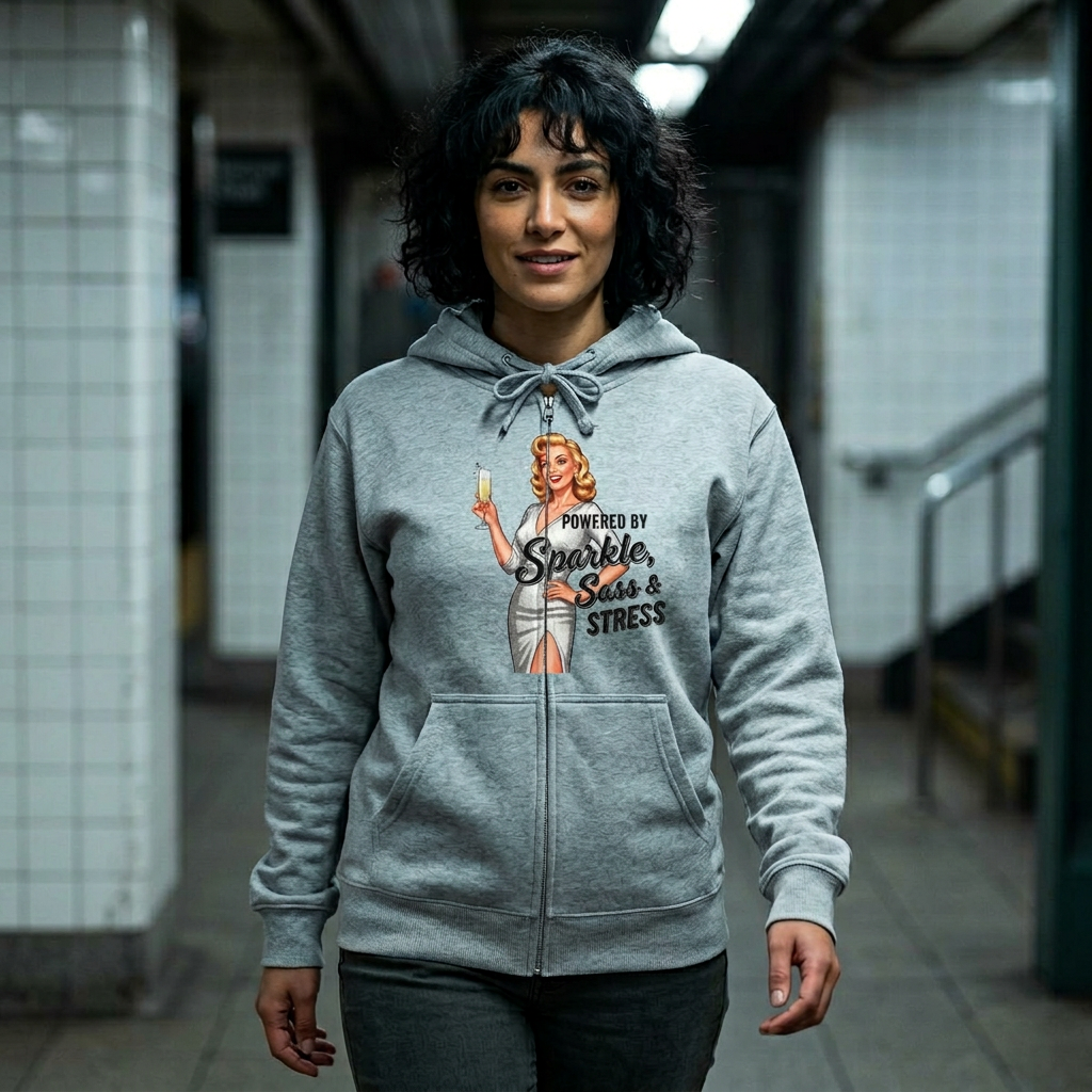 'Powered by Sparkle, Sass & Stress' Vintage Pinup-Zip Hoodie