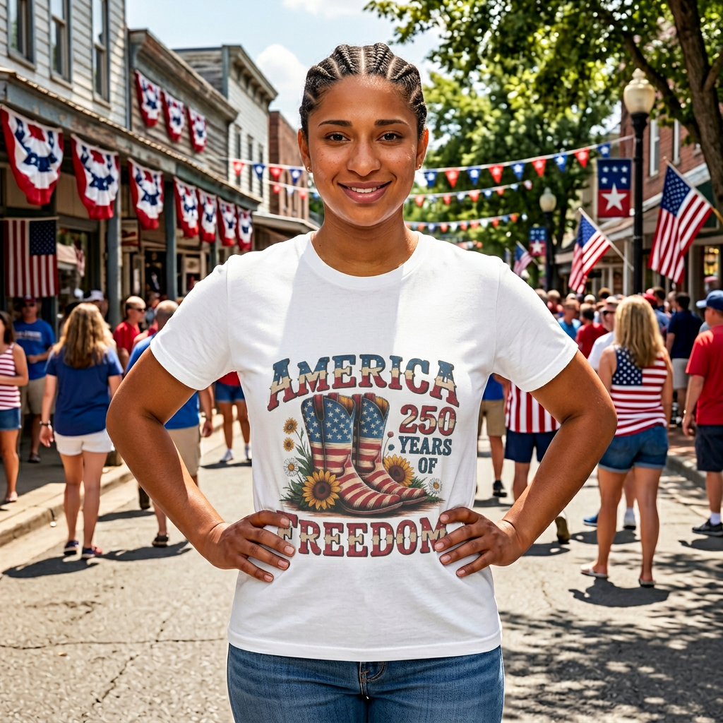 Patriotic Cowboy Boots & Sunflowers America 250 Years of Freedom T-Shirt