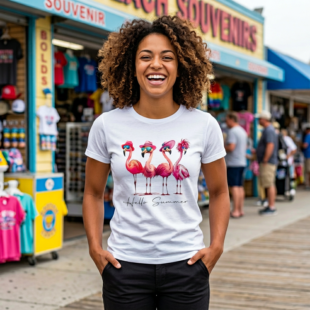 Hello Summer Flamingo Friends Whimsical Graphic T-Shirt