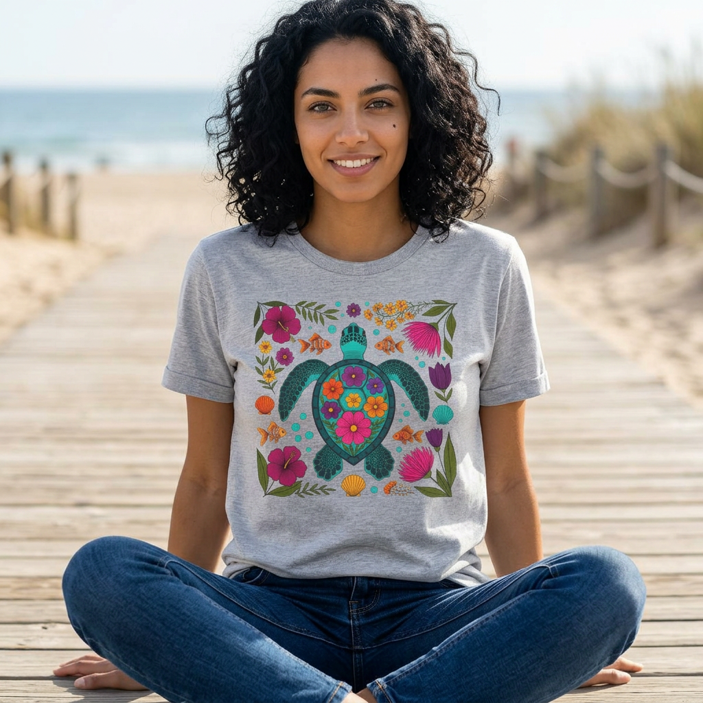 Sea Turtle Floral Colorful Botanical Graphic Tee