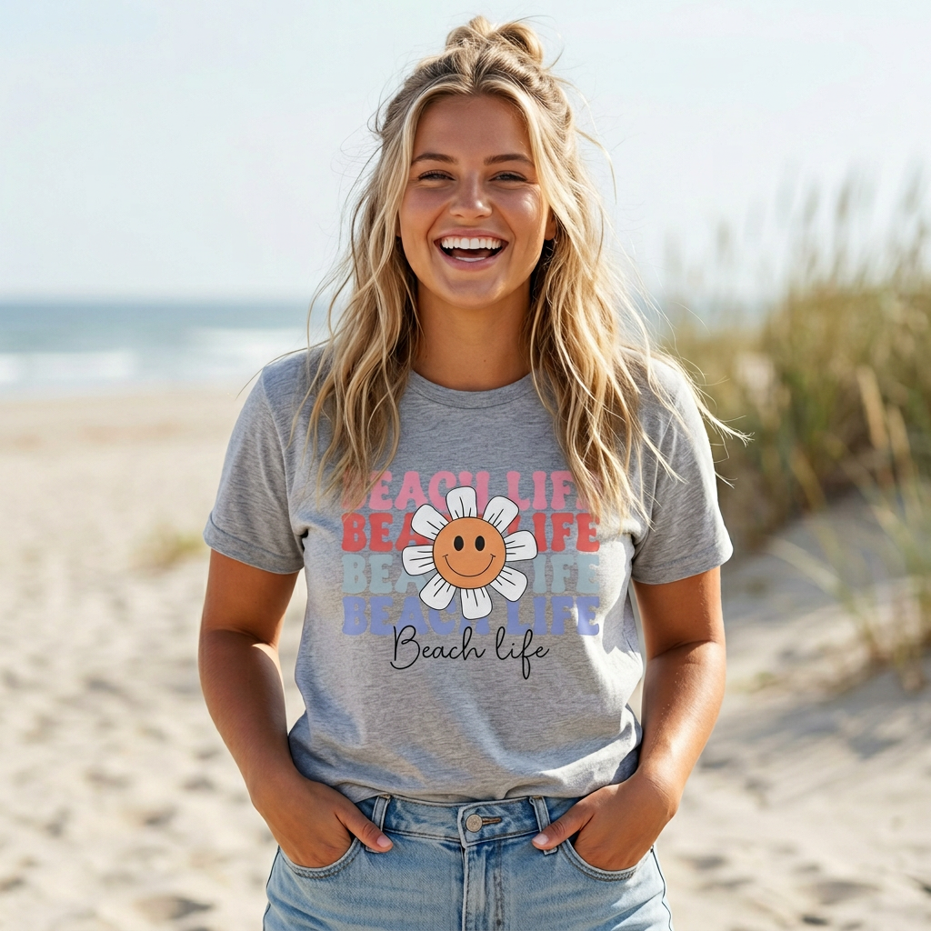 Beach Life Daisy Retro Smile Sun Graphic T‑Shirt