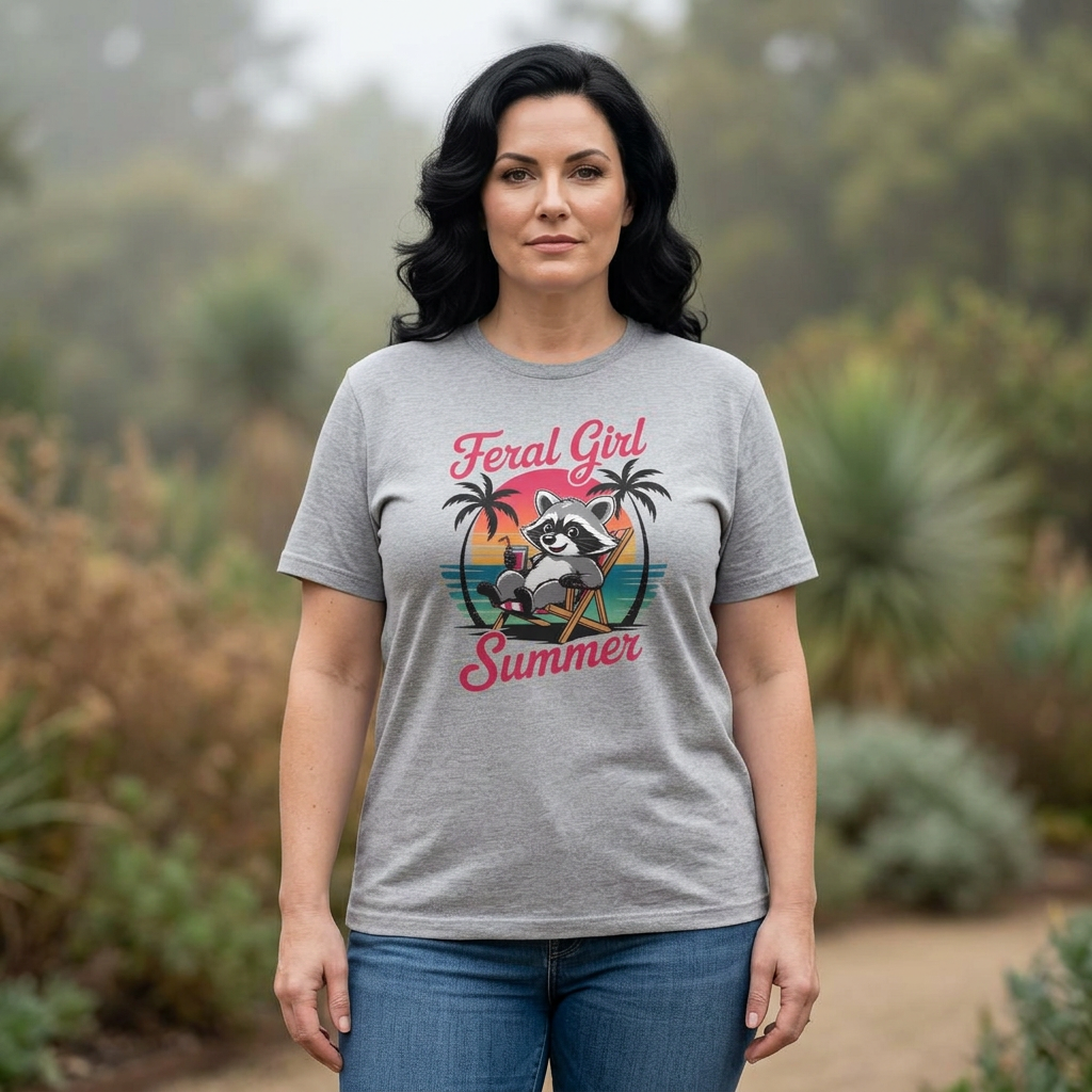 Feral Girl Summer Raccoon Beach Retro Graphic Tee