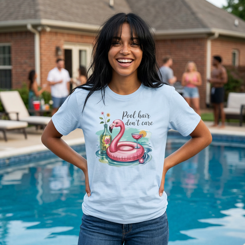 "Pool Hair Don't Care" Flamingo Pool Float Summer Tee