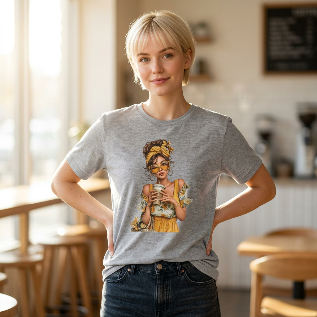 Boho Coffee Girl with Stylish Sun headwrap Graphic Tee