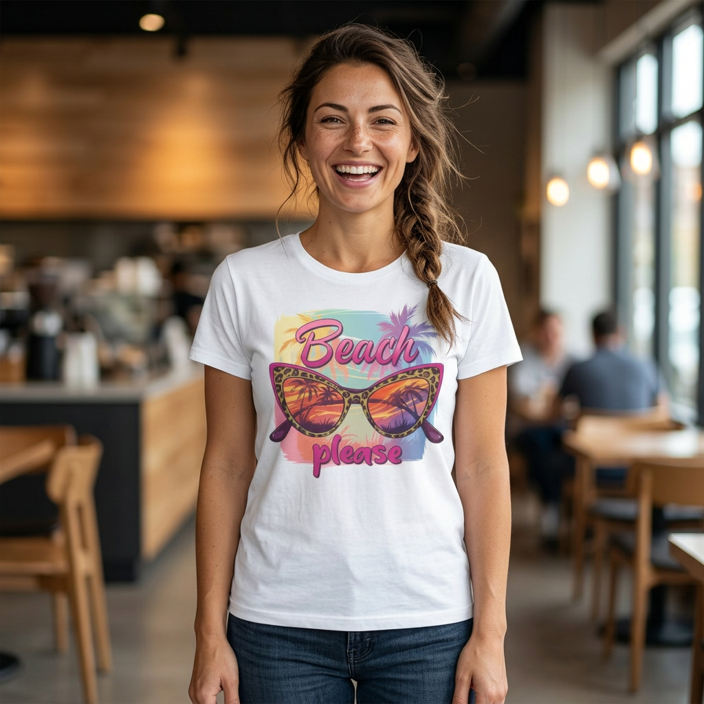 "Beach Please" Retro Sunglasses Tropical Vacation Tee