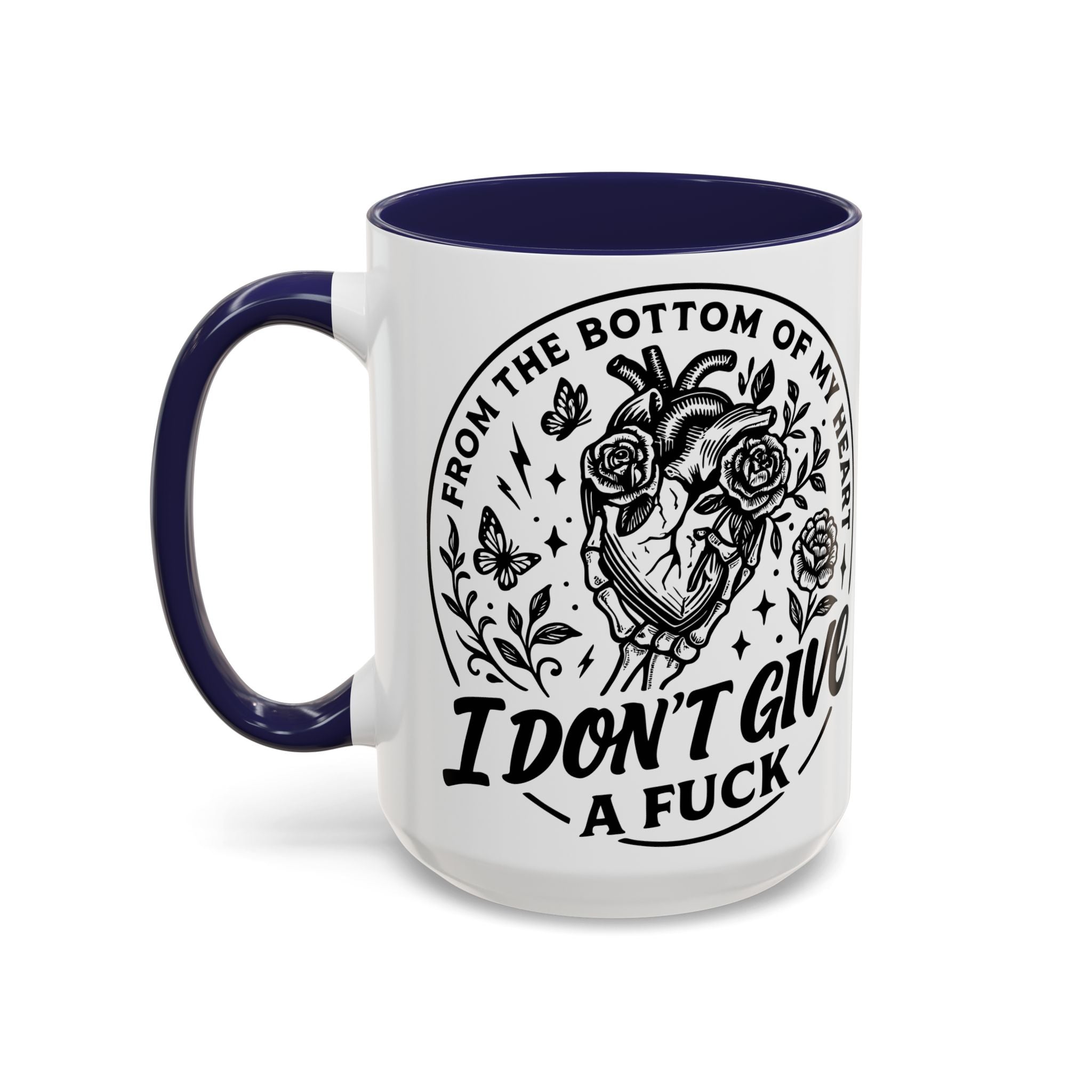 "From Bottom of My Heart, I Don't Give a F*ck" Floral Skull Design for Coffee Lovers-Black Accent Coffee Mug -