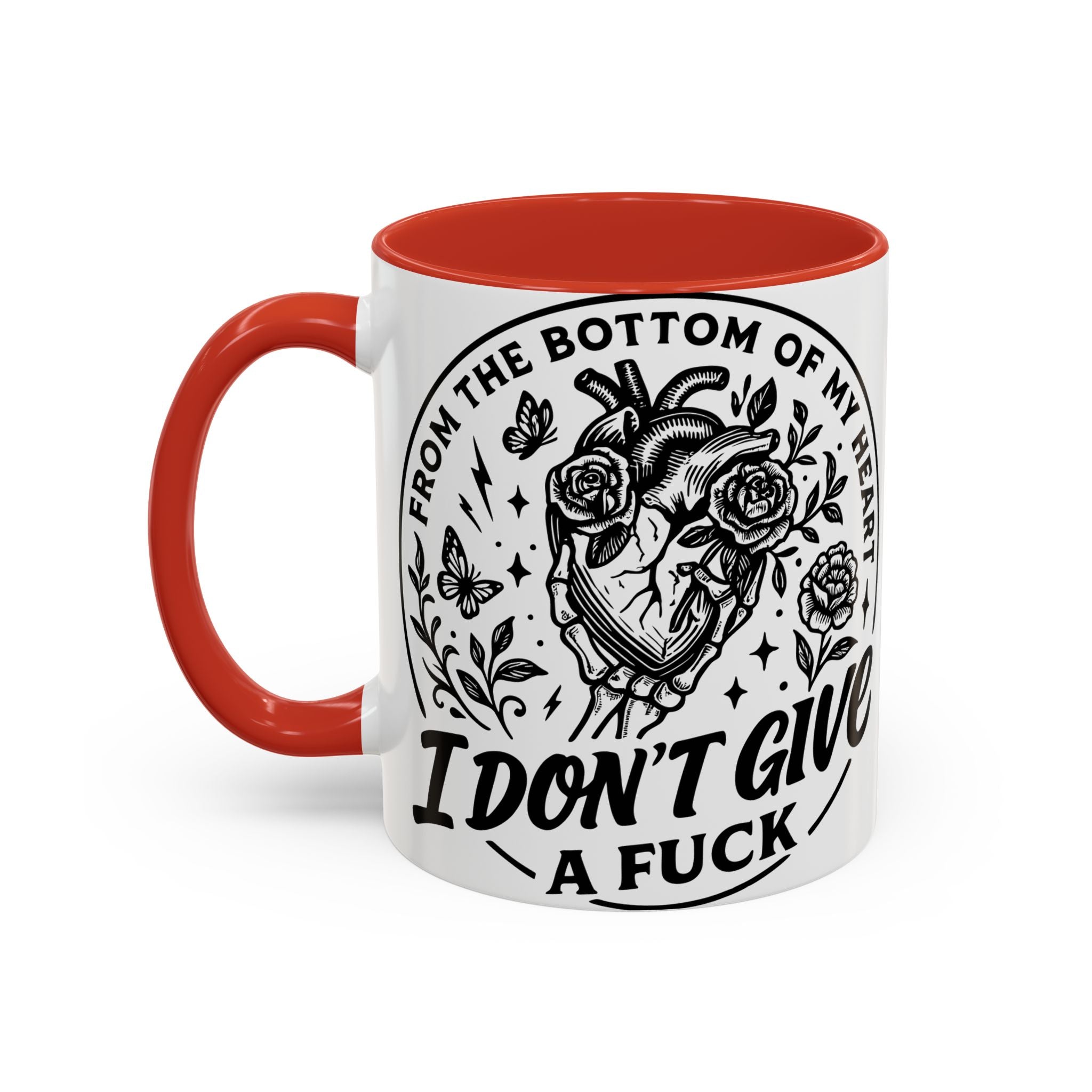 "From Bottom of My Heart, I Don't Give a F*ck" Floral Skull Design for Coffee Lovers-Black Accent Coffee Mug -