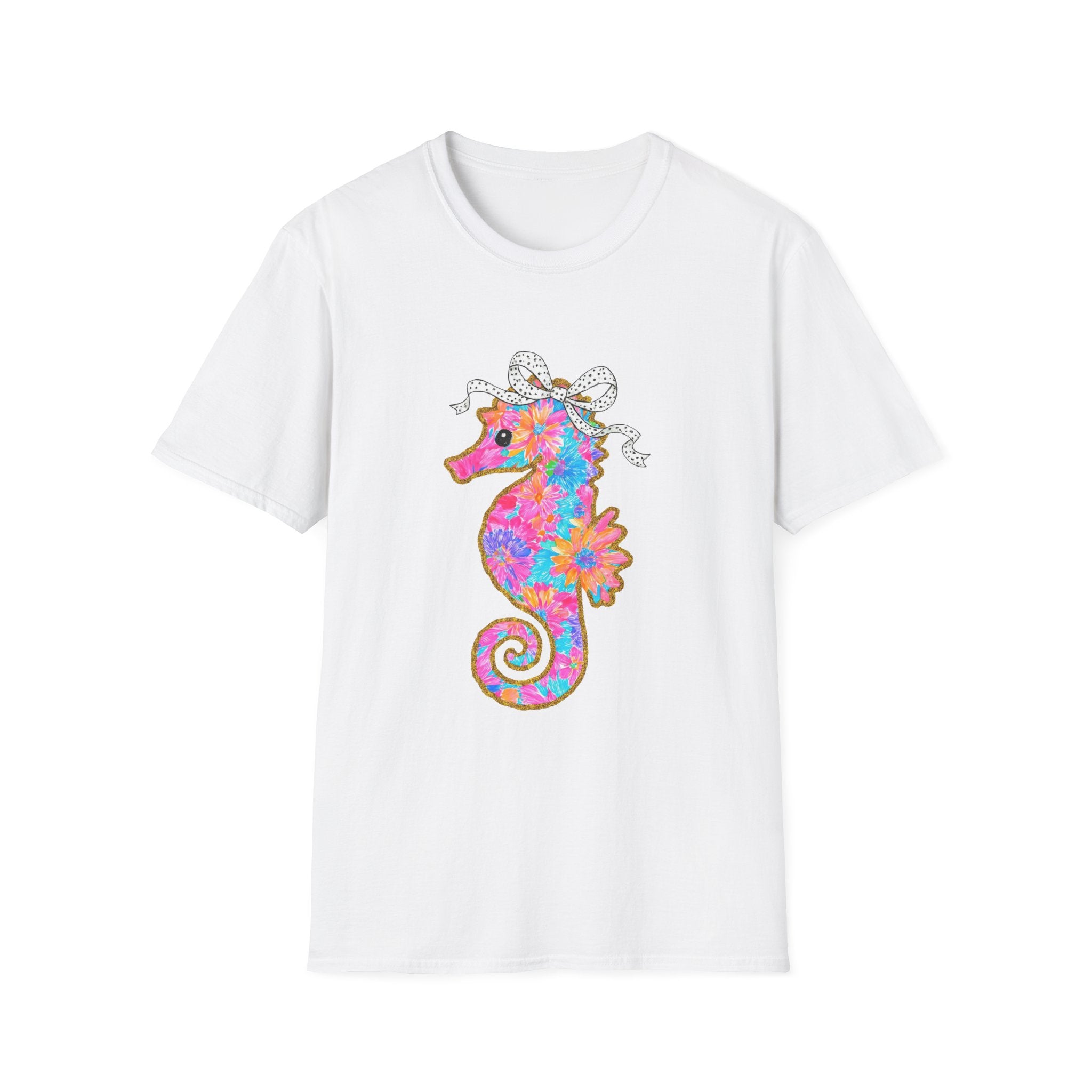 Floral and Colorful Pink Sea Horse with Ribbon Bow Tee